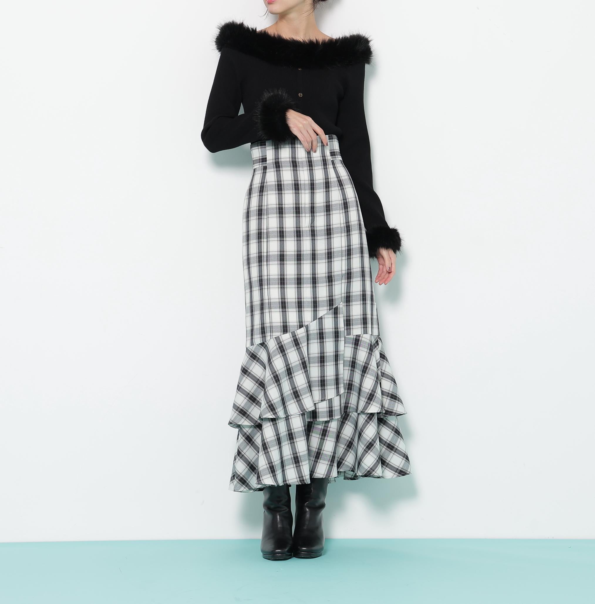 ナローマーメイドスカート ブラックチェック1
