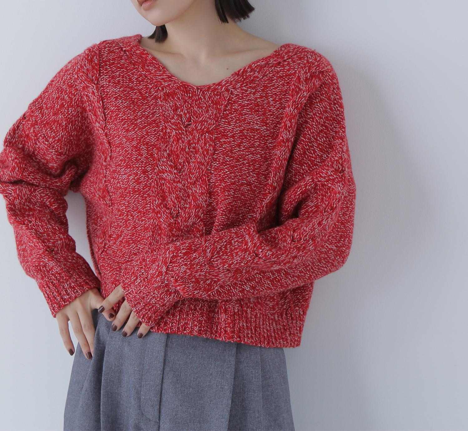 Vネックケーブルニット レッドベース2