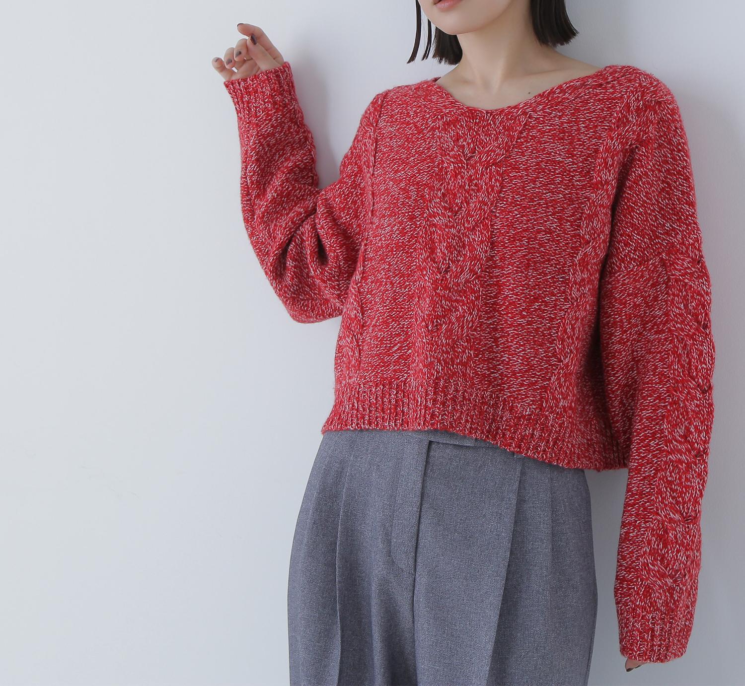 Vネックケーブルニット レッドベース2