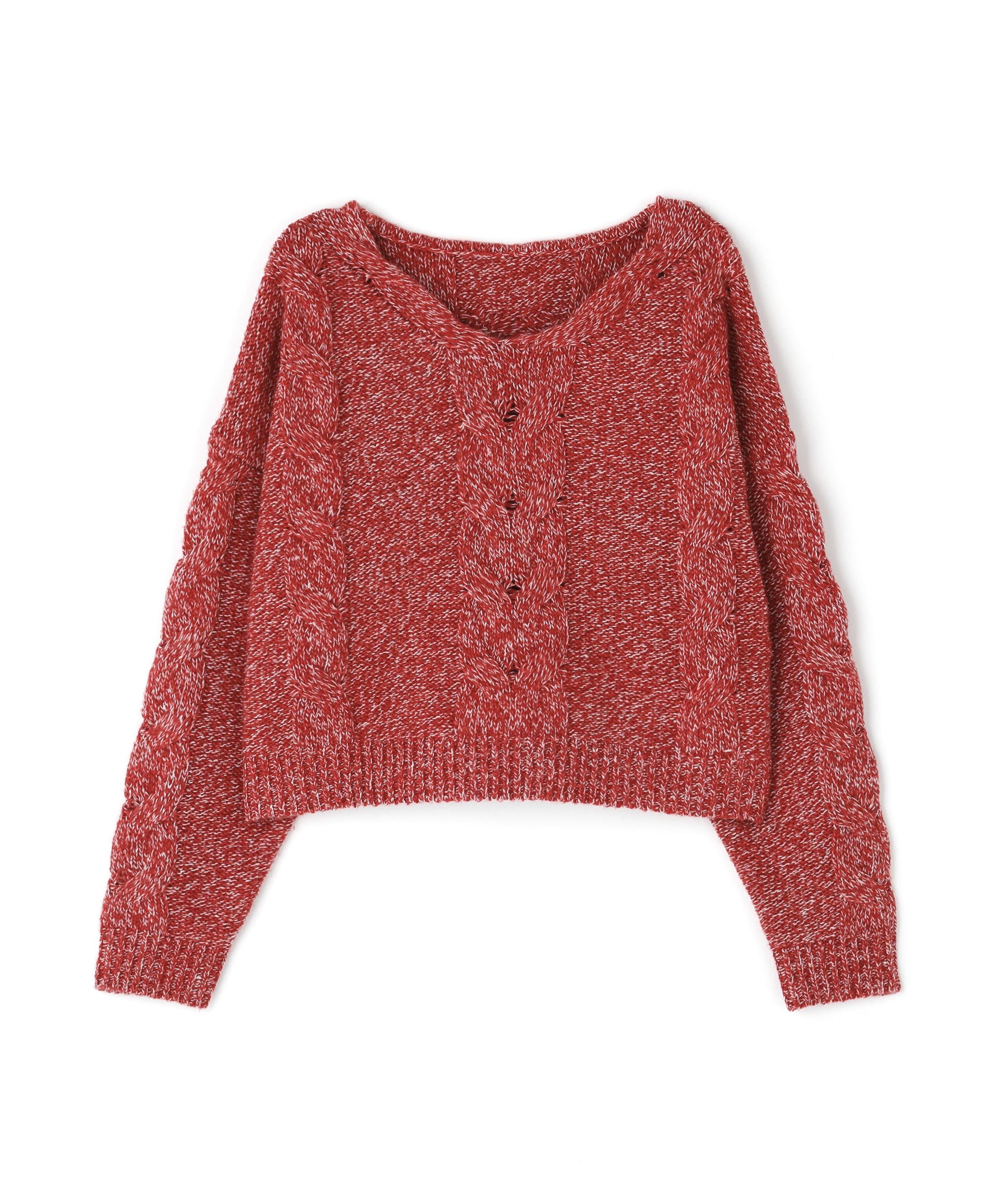 Vネックケーブルニット レッドベース2