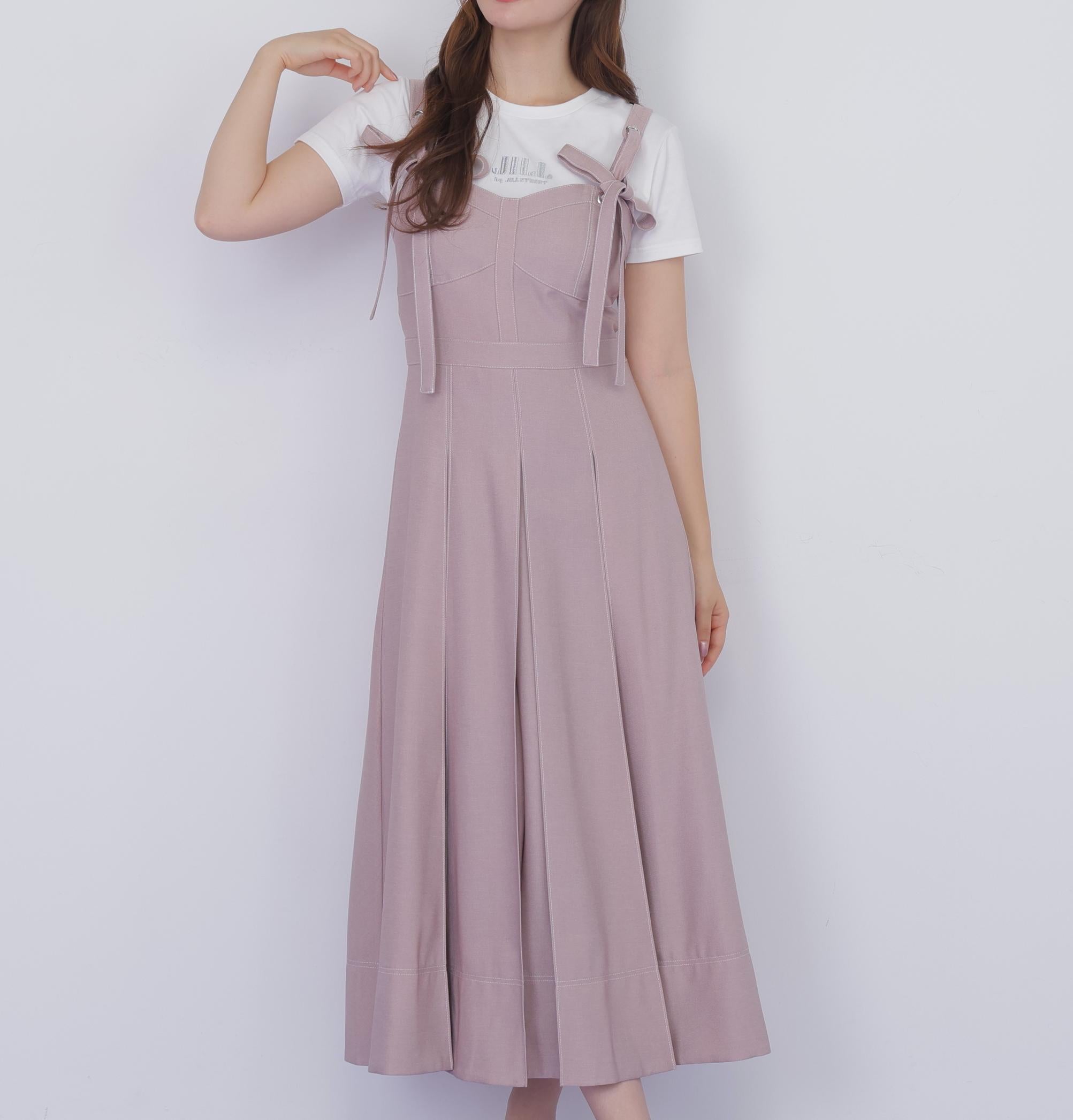 デニムライク配色ステッチビスチェジャンスカ ピンク