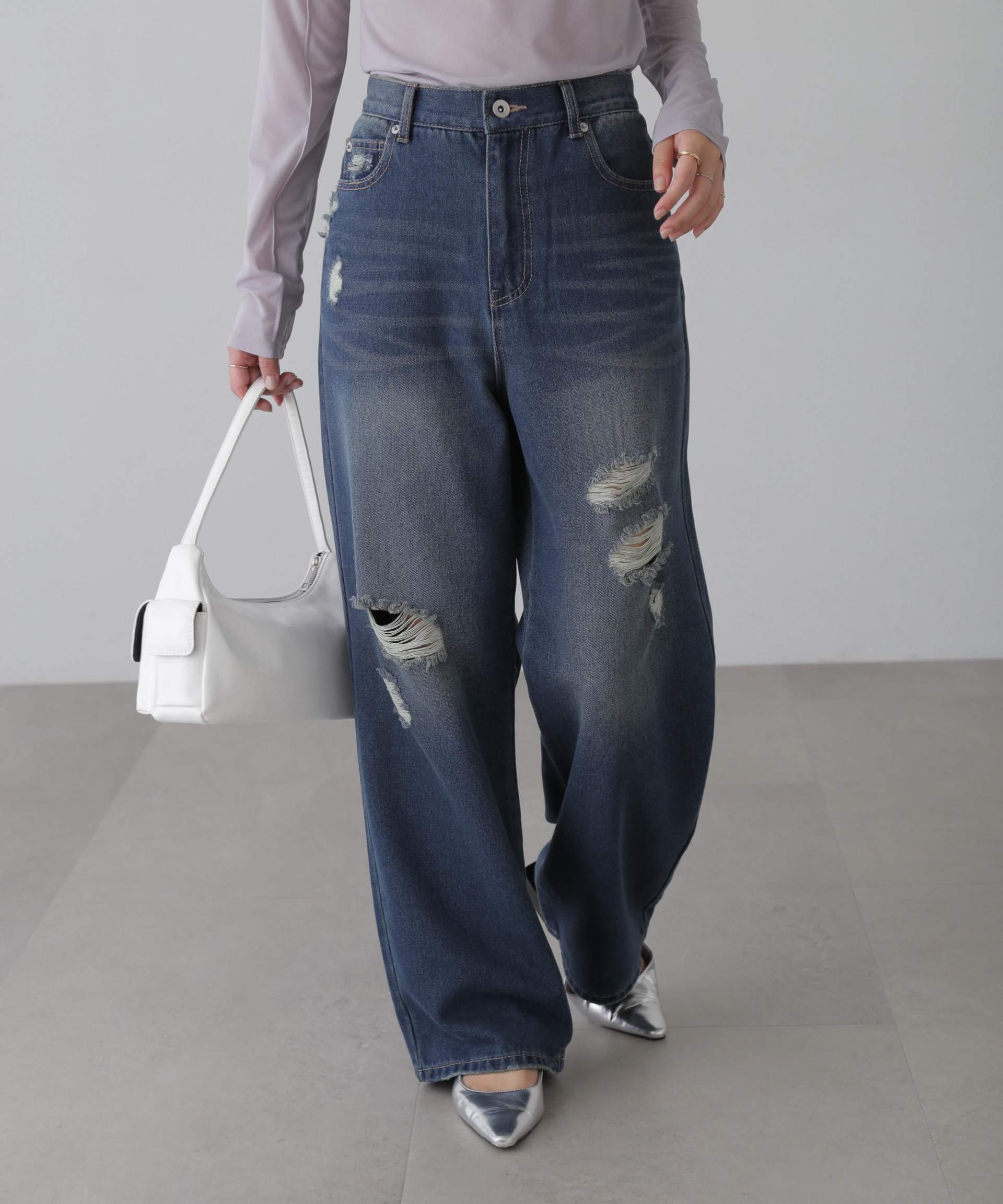 ストレートワイドクラッシュデニムパンツ ブルーオーバーダイ5