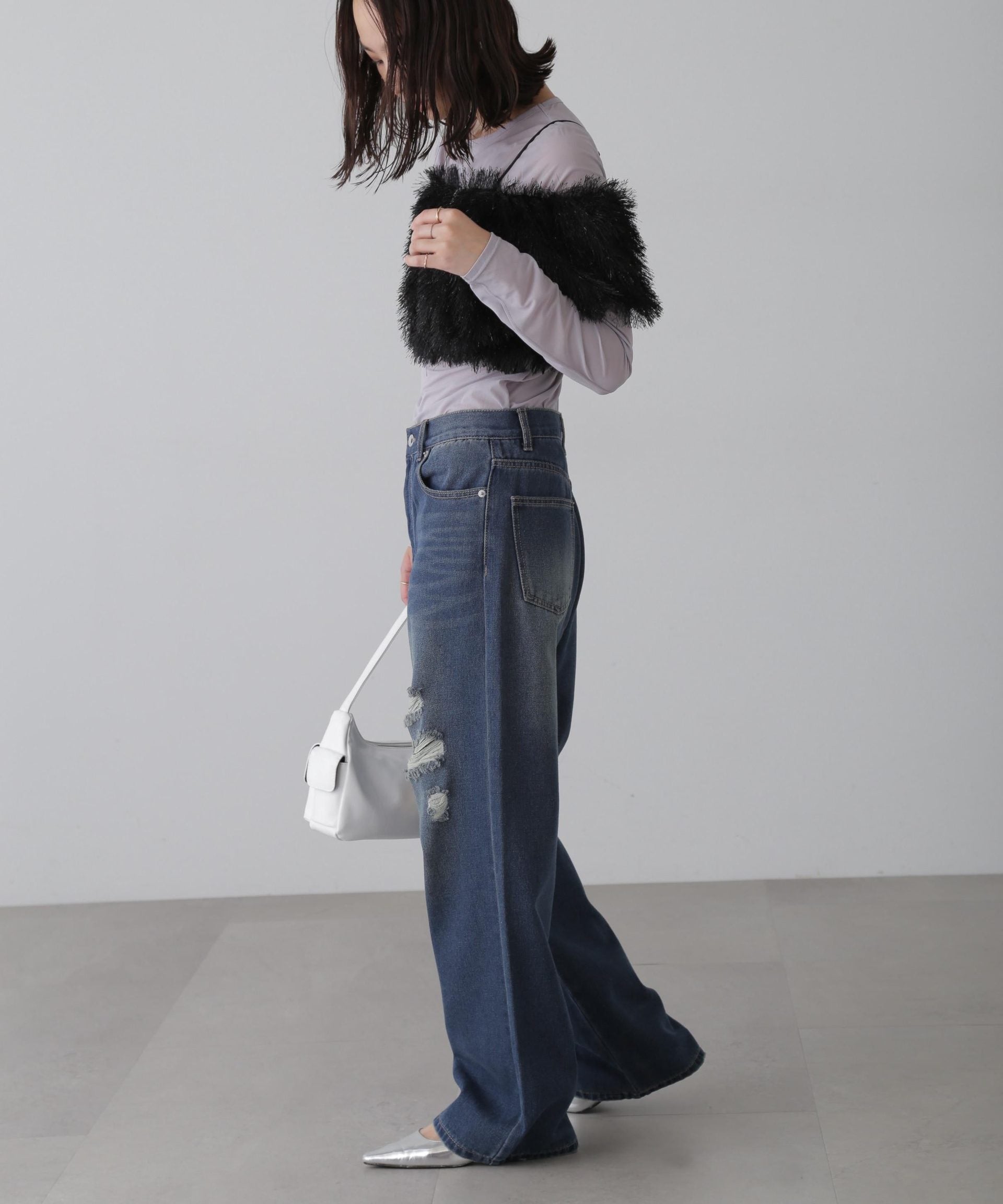 ストレートワイドクラッシュデニムパンツ ブルーオーバーダイ5