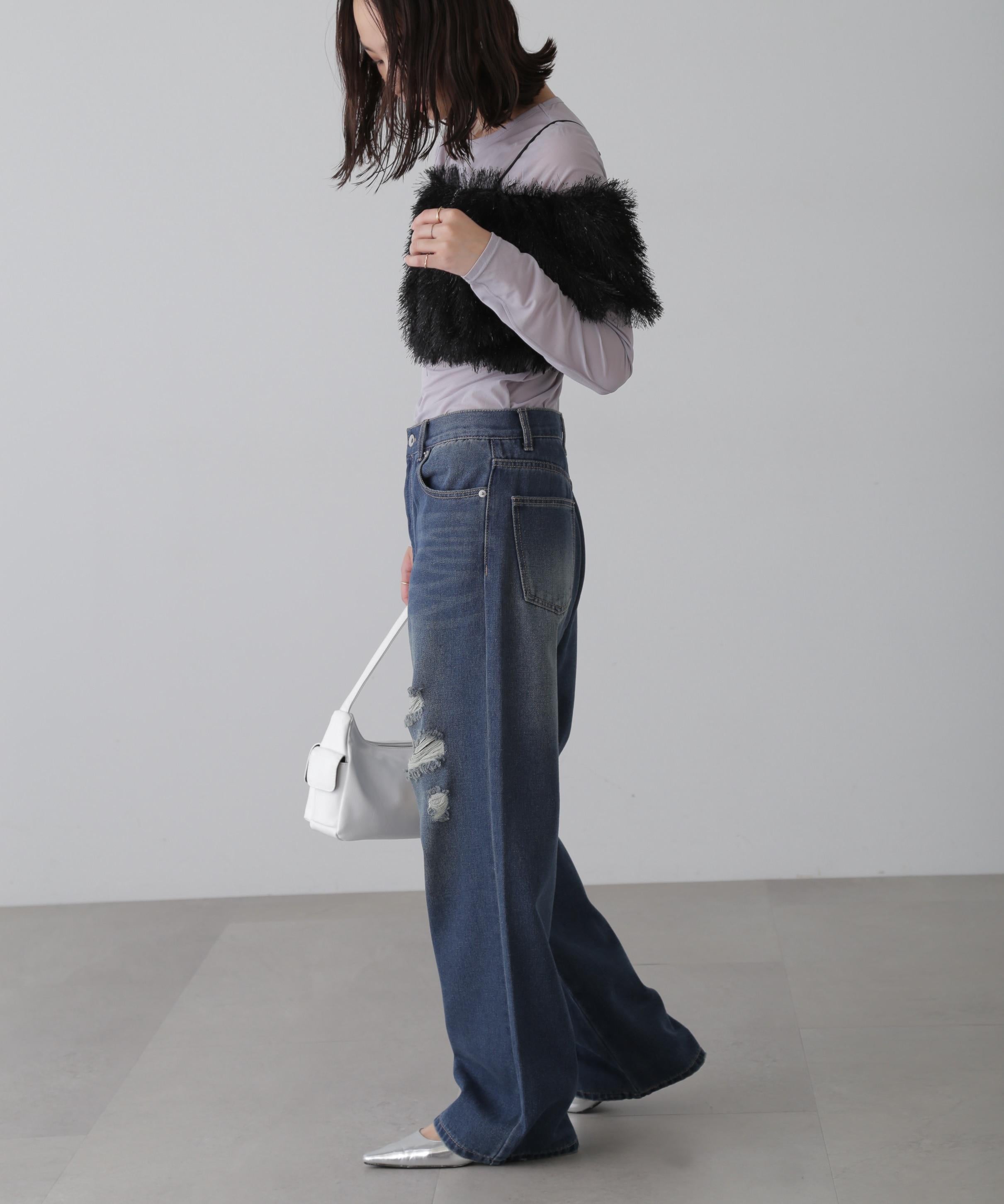 ストレートワイドクラッシュデニムパンツ ブルーオーバーダイ5