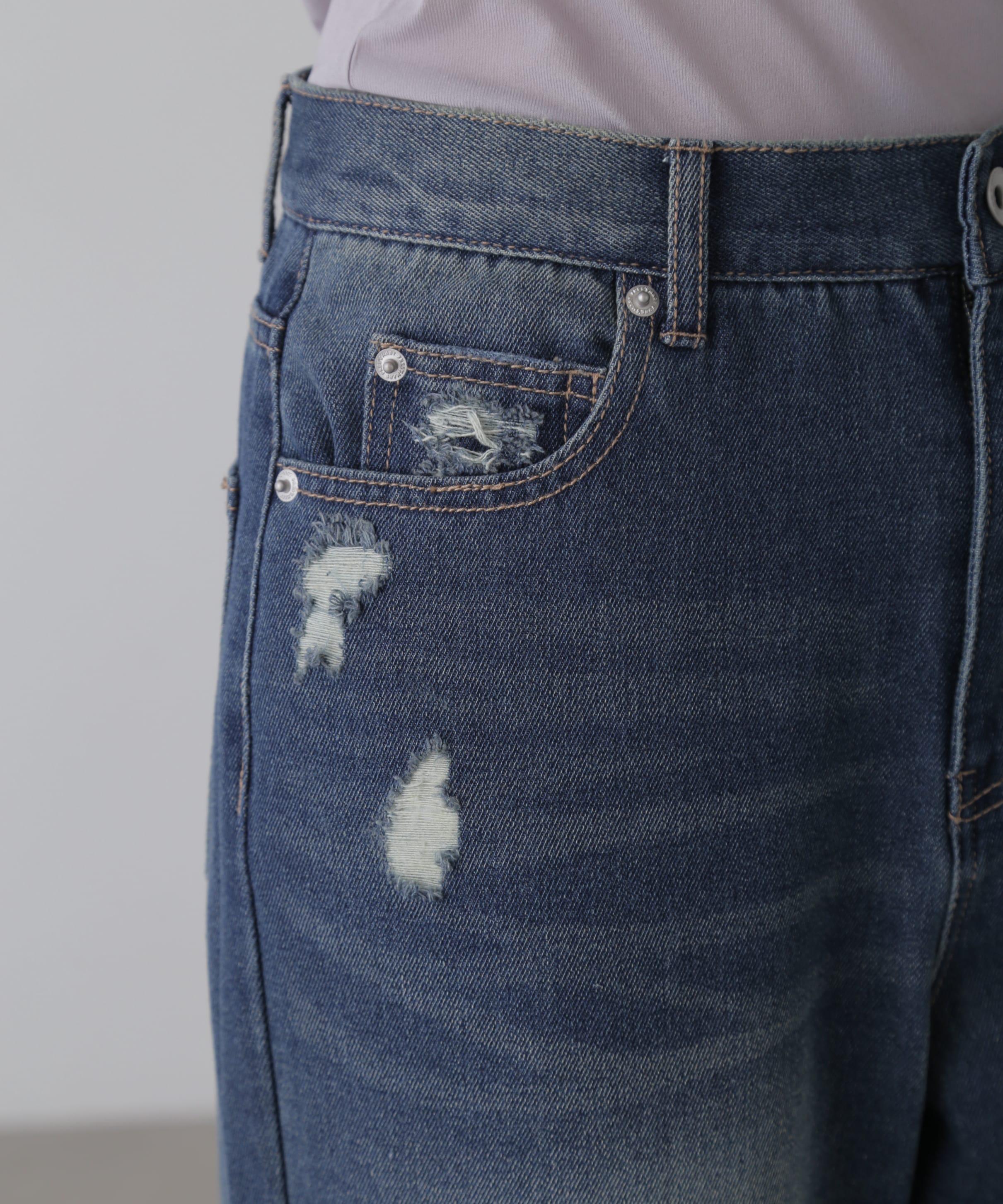 ストレートワイドクラッシュデニムパンツ ブルーオーバーダイ5