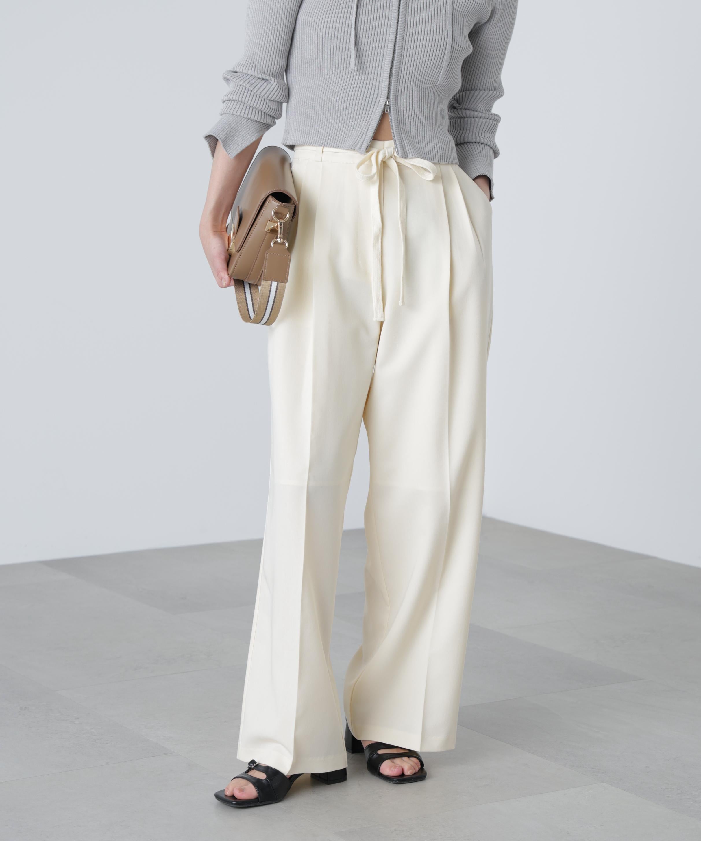 杉綾リボンベルトワイドパンツ オフホワイト