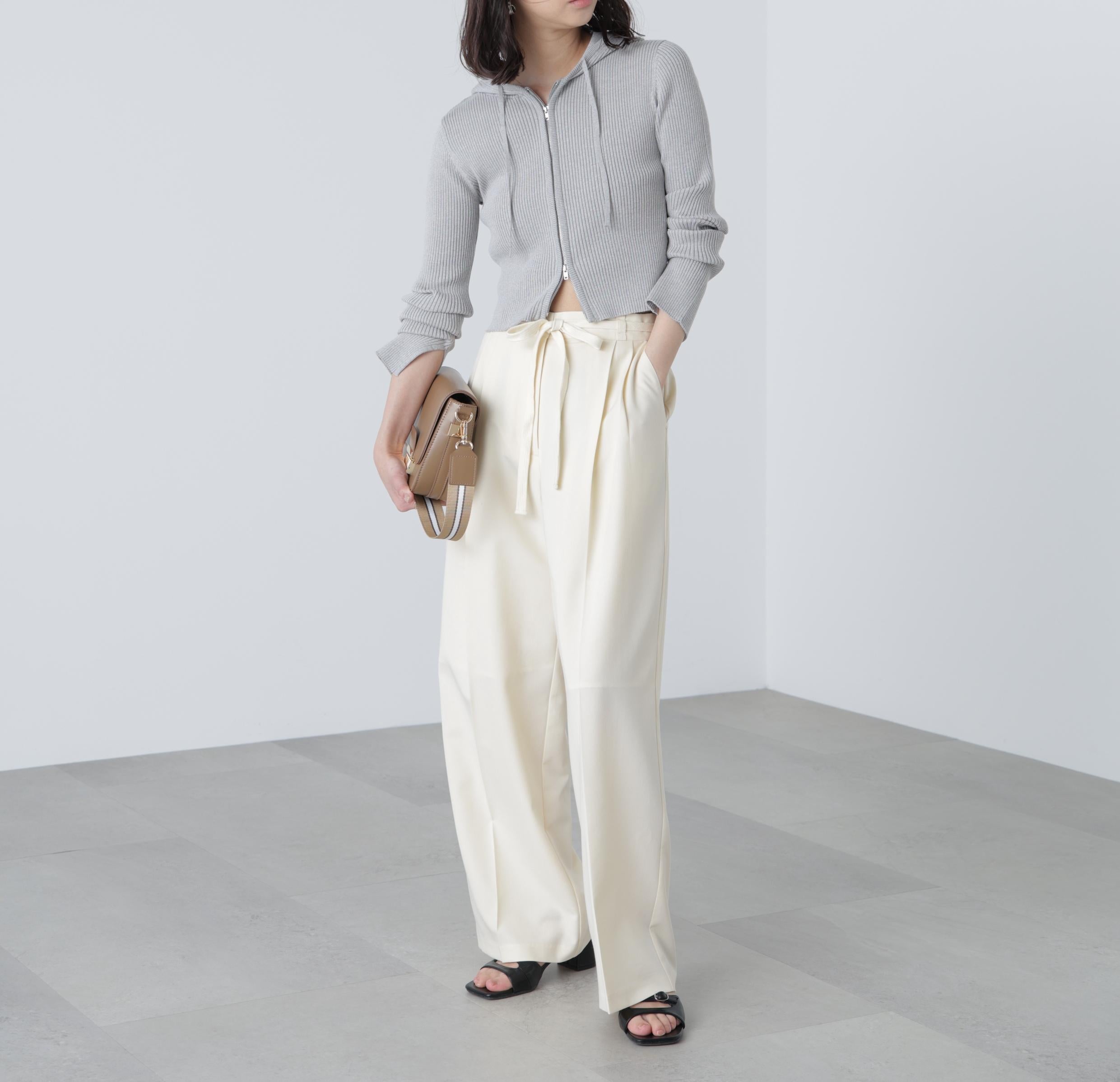杉綾リボンベルトワイドパンツ オフホワイト
