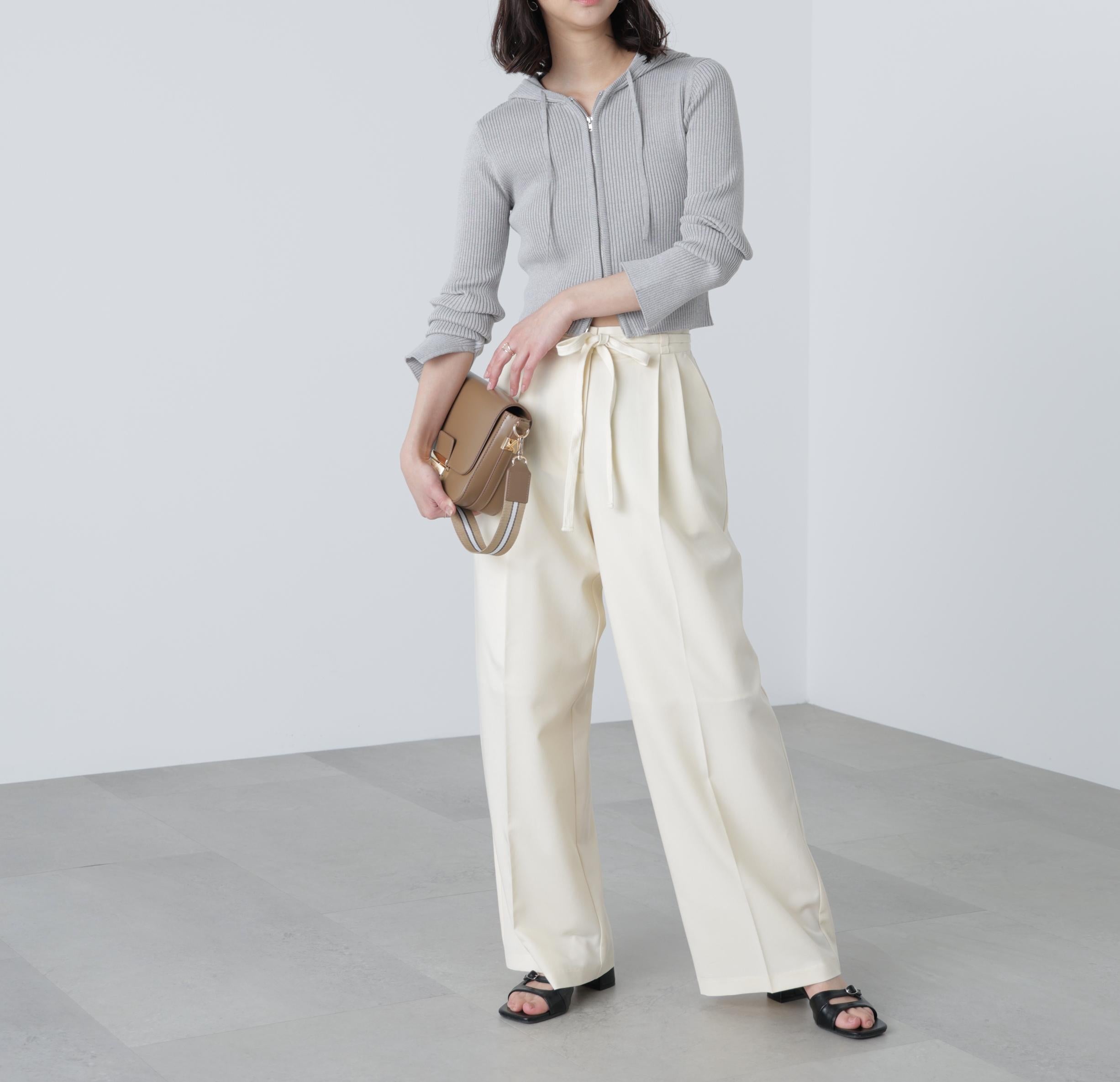 杉綾リボンベルトワイドパンツ オフホワイト