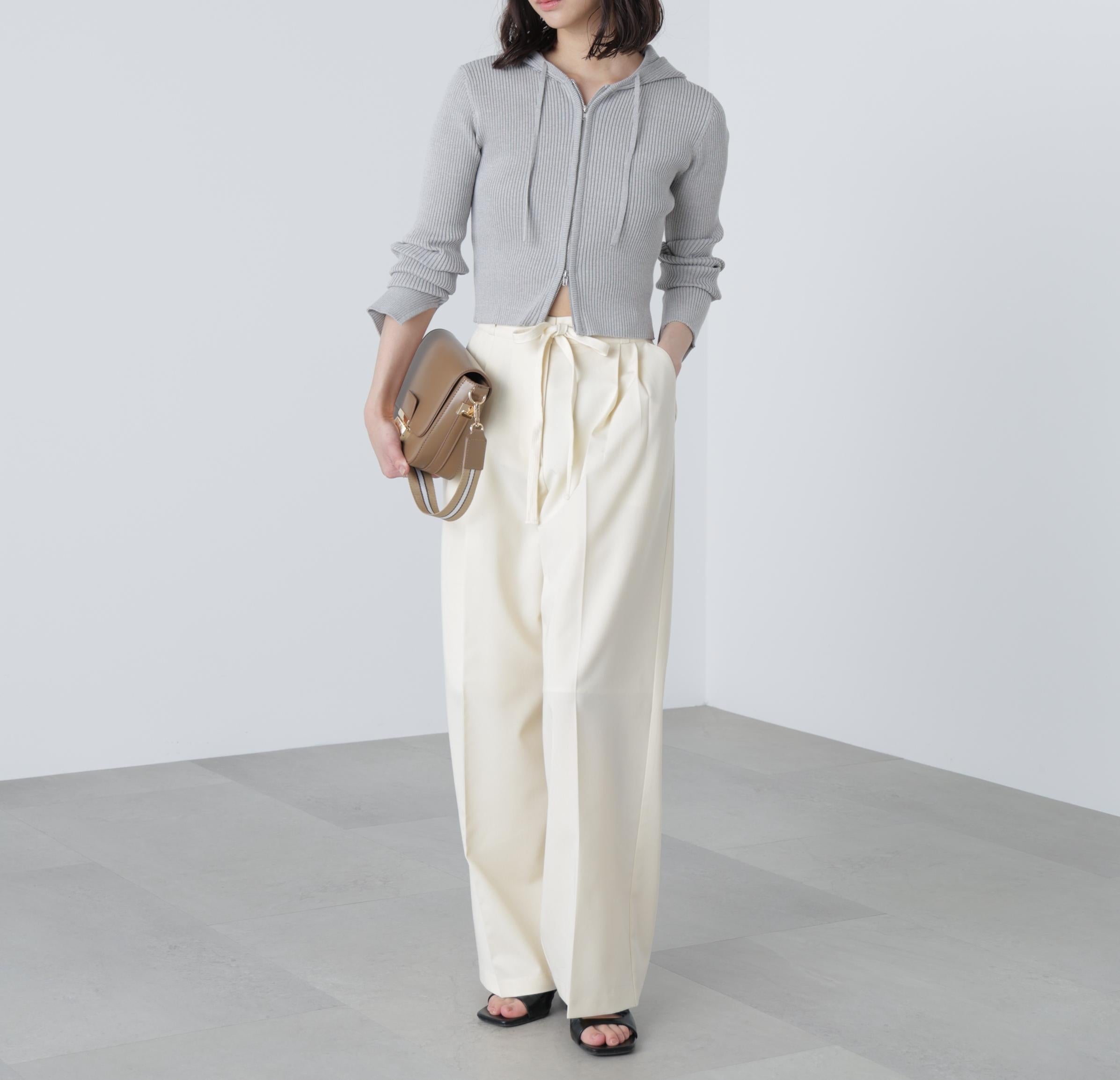 杉綾リボンベルトワイドパンツ オフホワイト