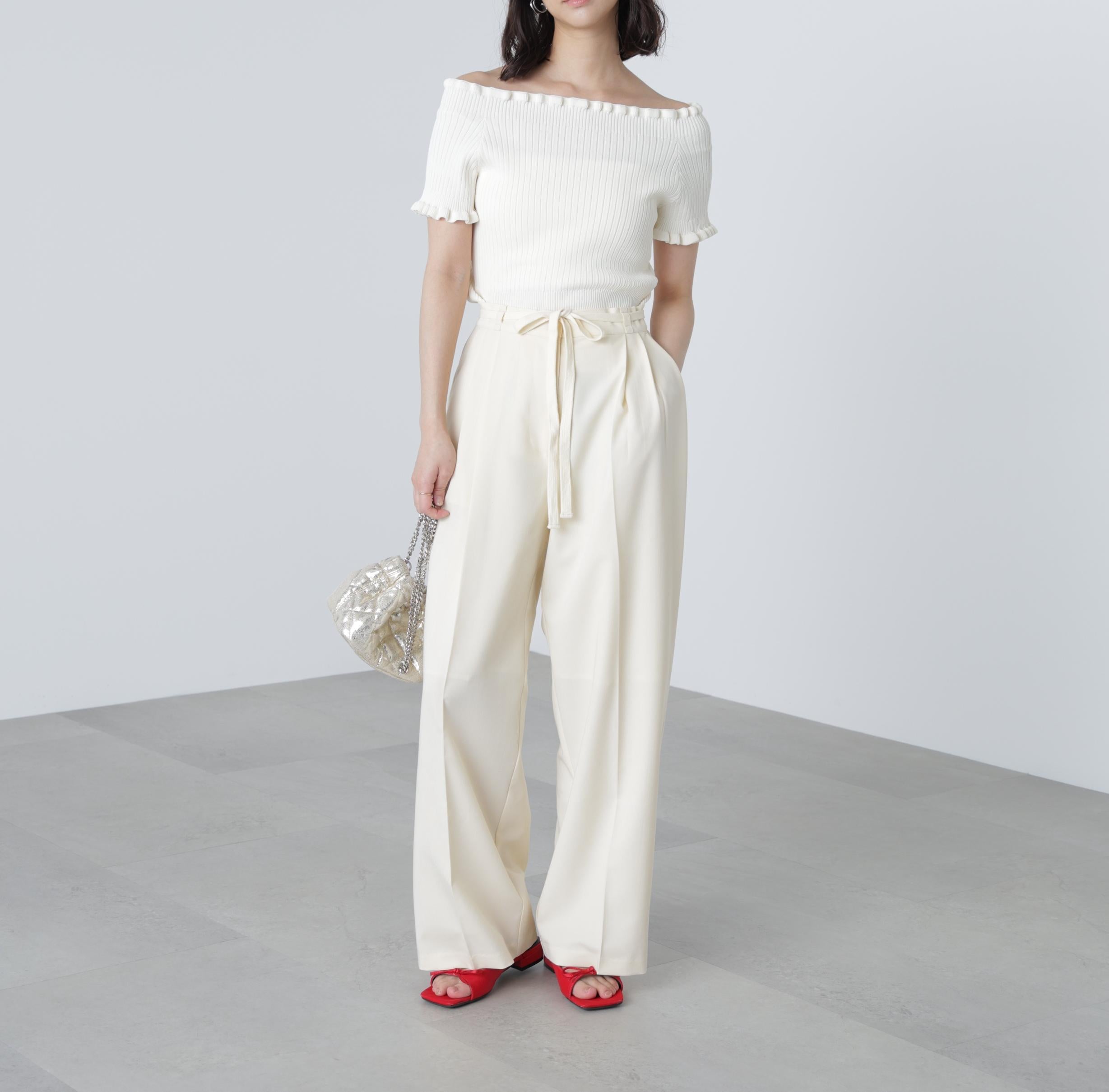 杉綾リボンベルトワイドパンツ オフホワイト