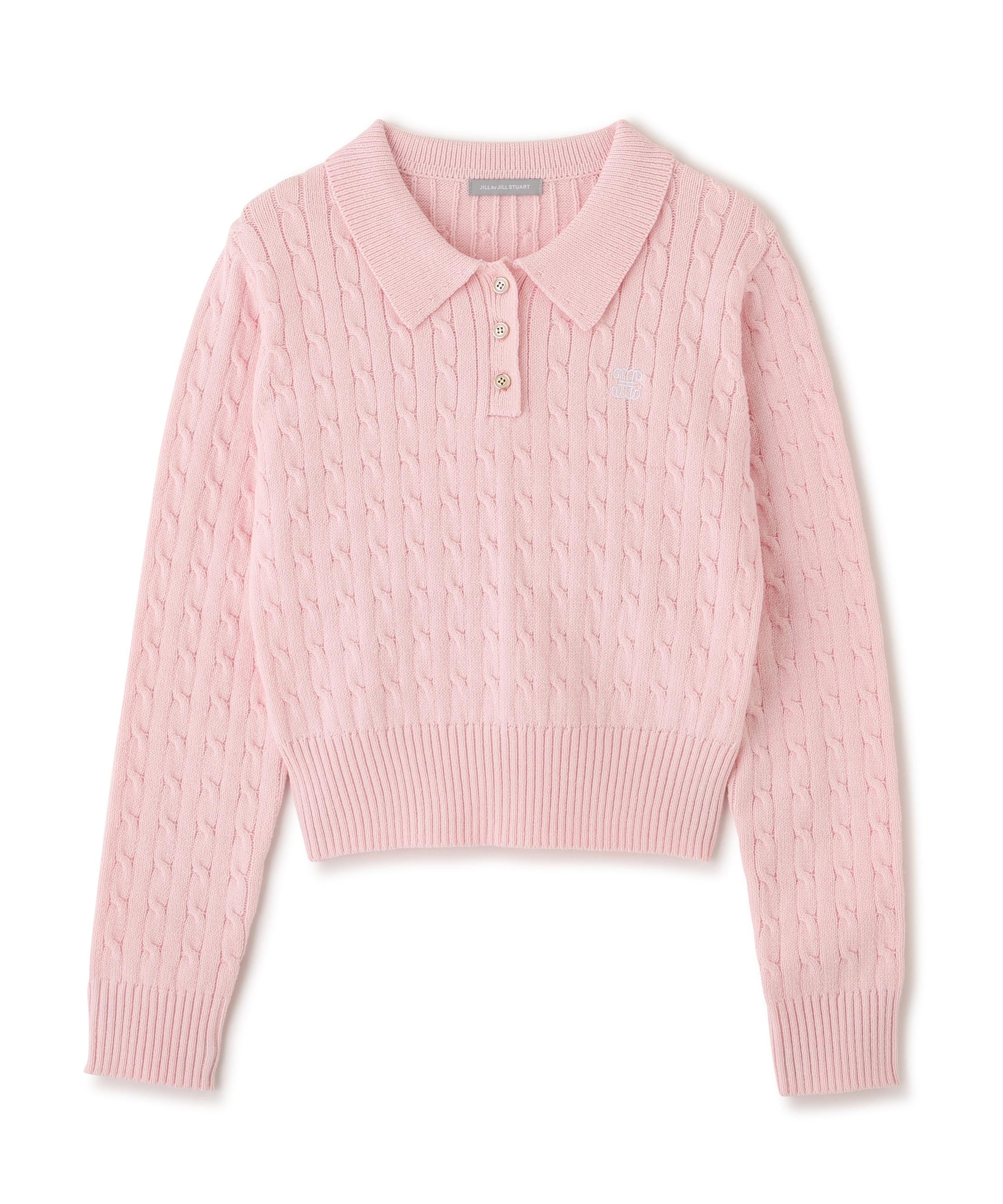 ポロ衿コットンブレンドケーブルニット ピンク