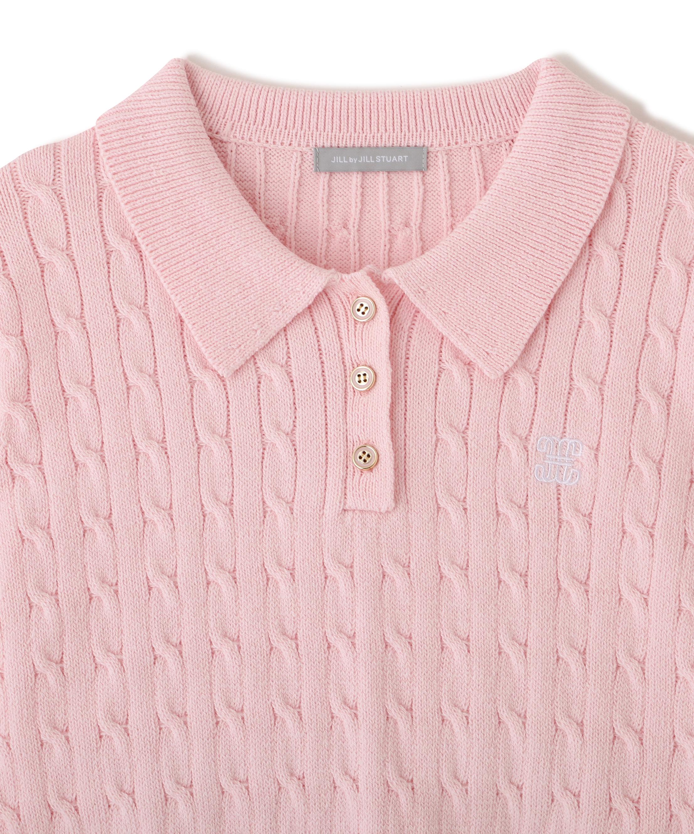 ポロ衿コットンブレンドケーブルニット ピンク