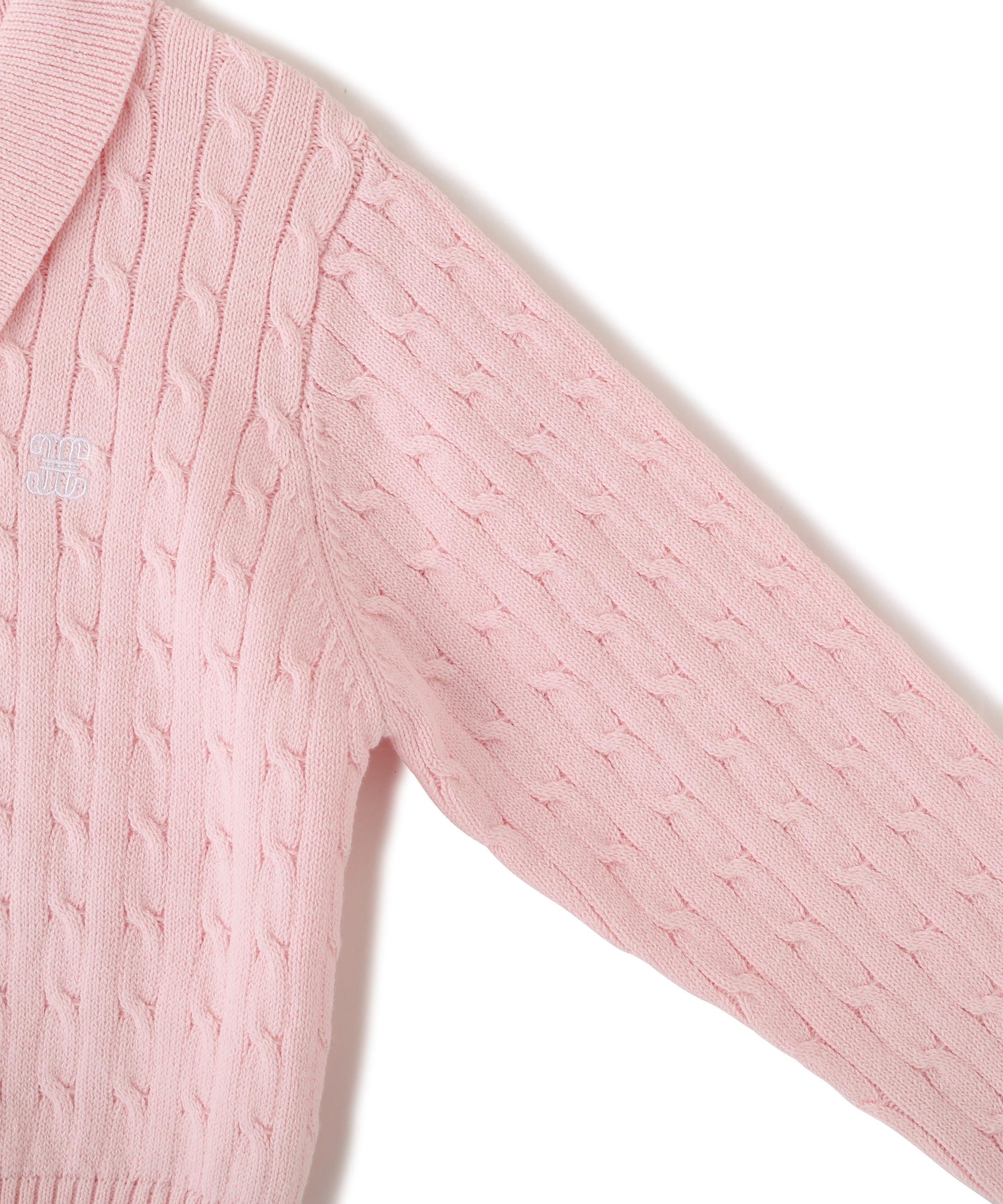 ポロ衿コットンブレンドケーブルニット ピンク