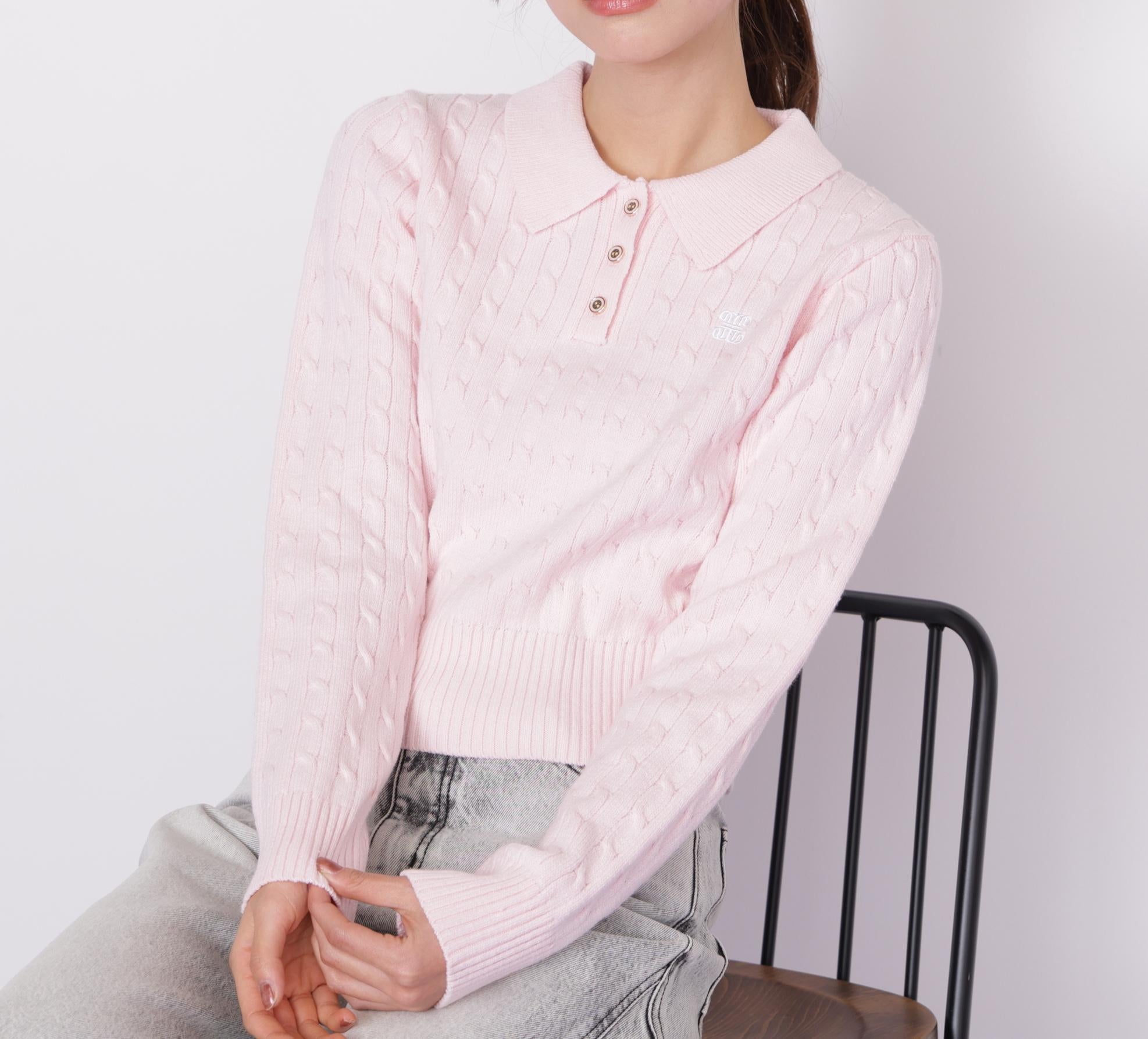 ポロ衿コットンブレンドケーブルニット ピンク
