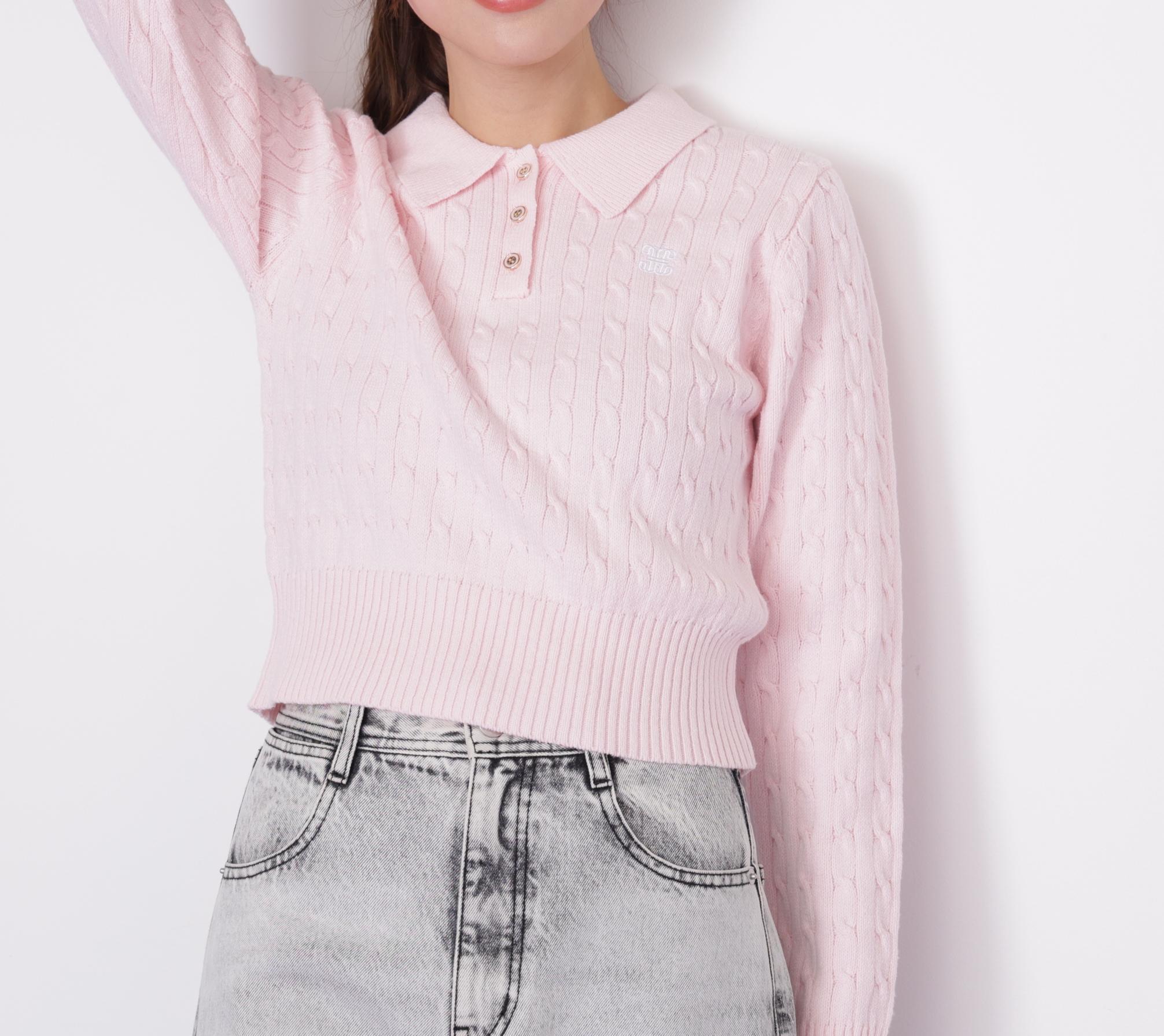 ポロ衿コットンブレンドケーブルニット ピンク