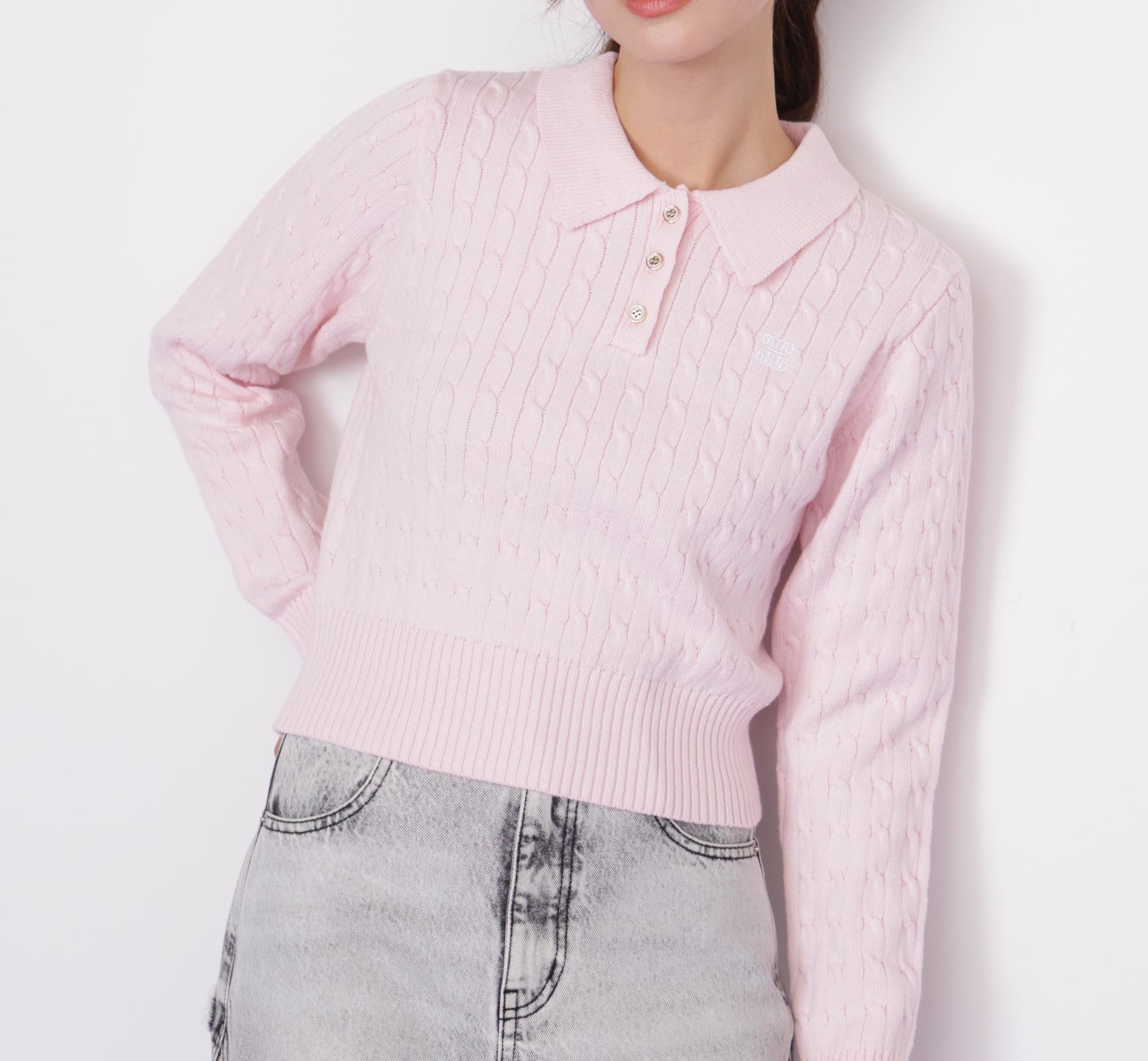 ポロ衿コットンブレンドケーブルニット ピンク