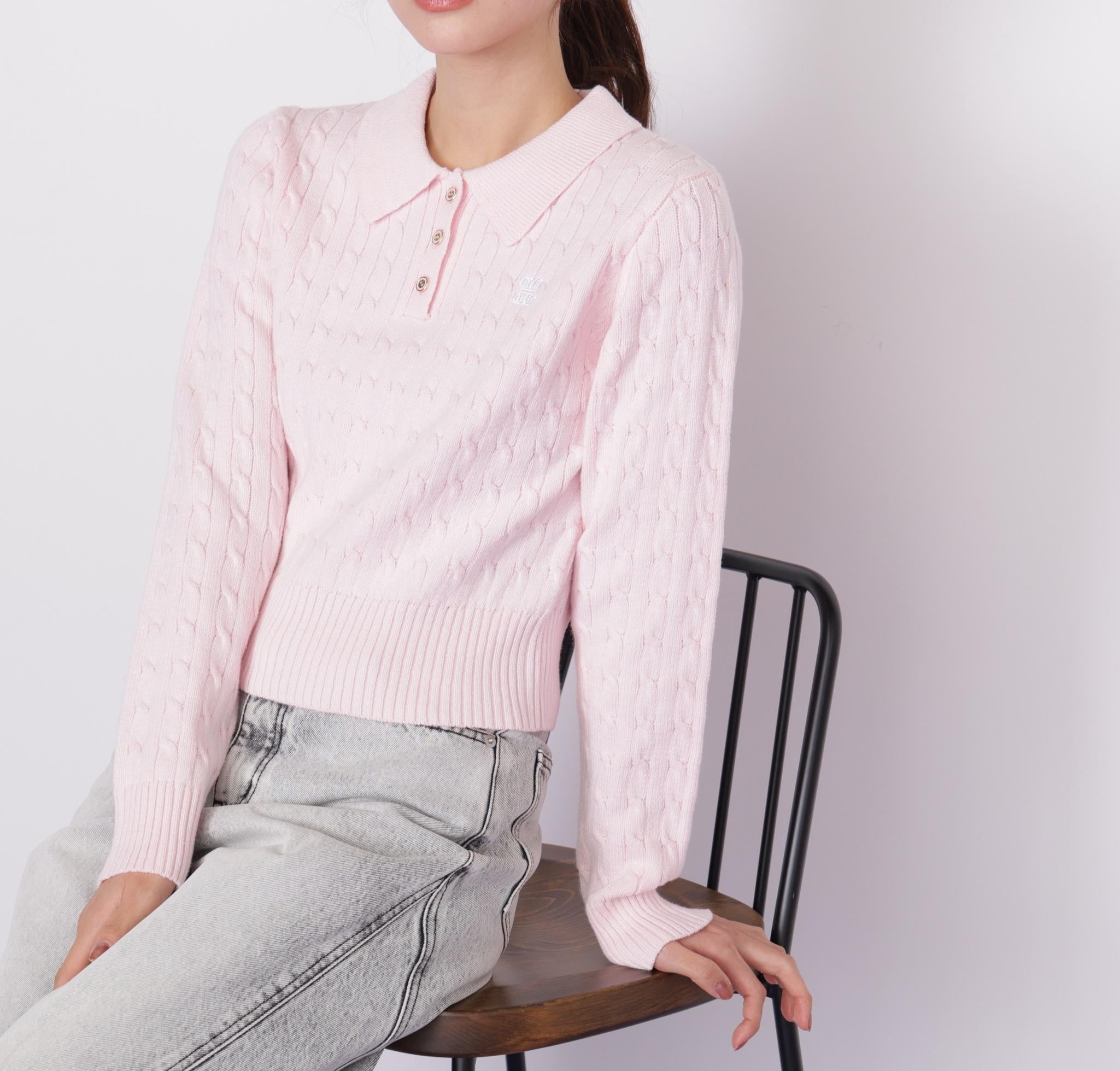 ポロ衿コットンブレンドケーブルニット ピンク