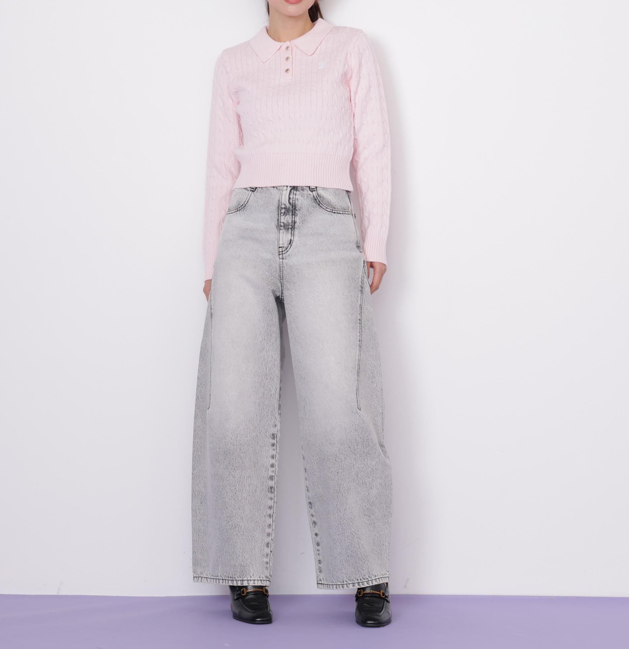 ポロ衿コットンブレンドケーブルニット ピンク