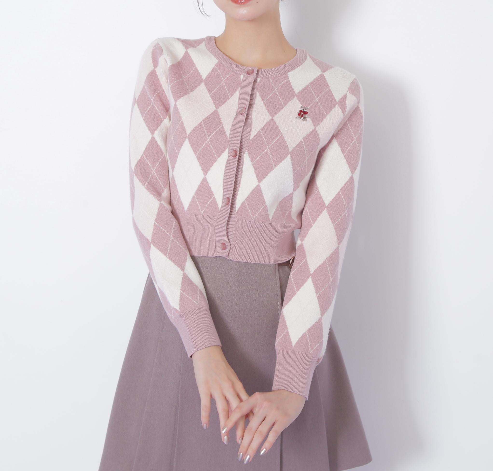 <BEARシリーズ>アーガイルカーディガン ピンク