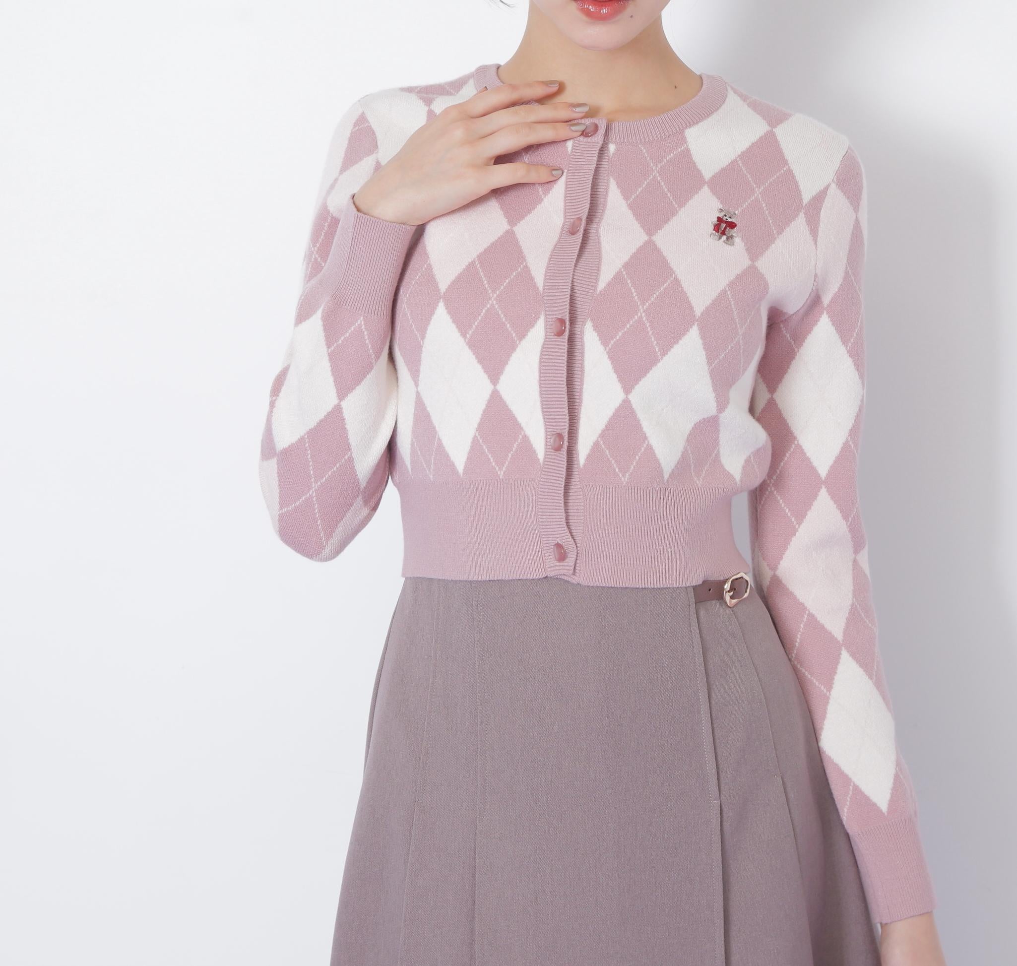 <BEARシリーズ>アーガイルカーディガン ピンク