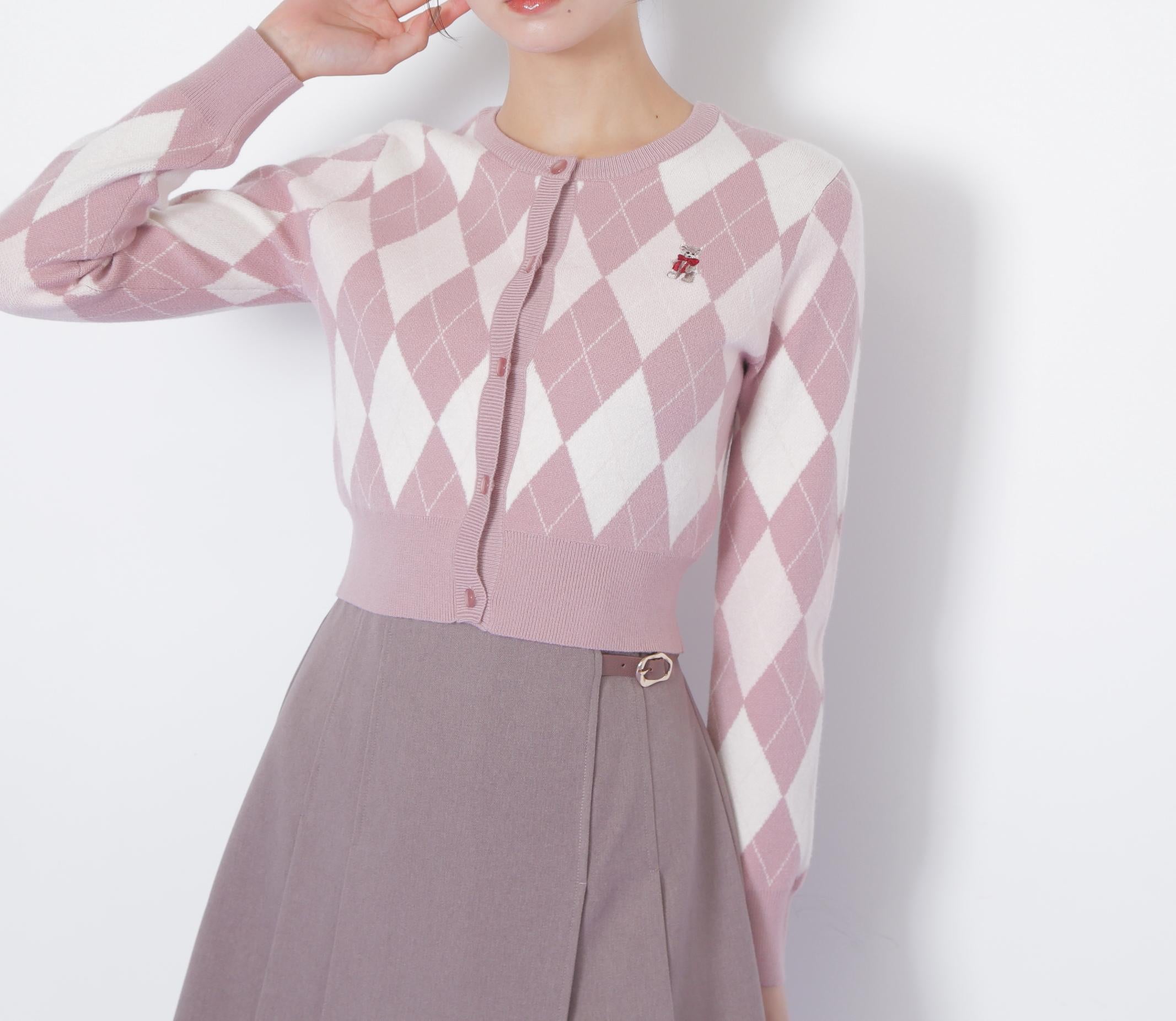 <BEARシリーズ>アーガイルカーディガン ピンク