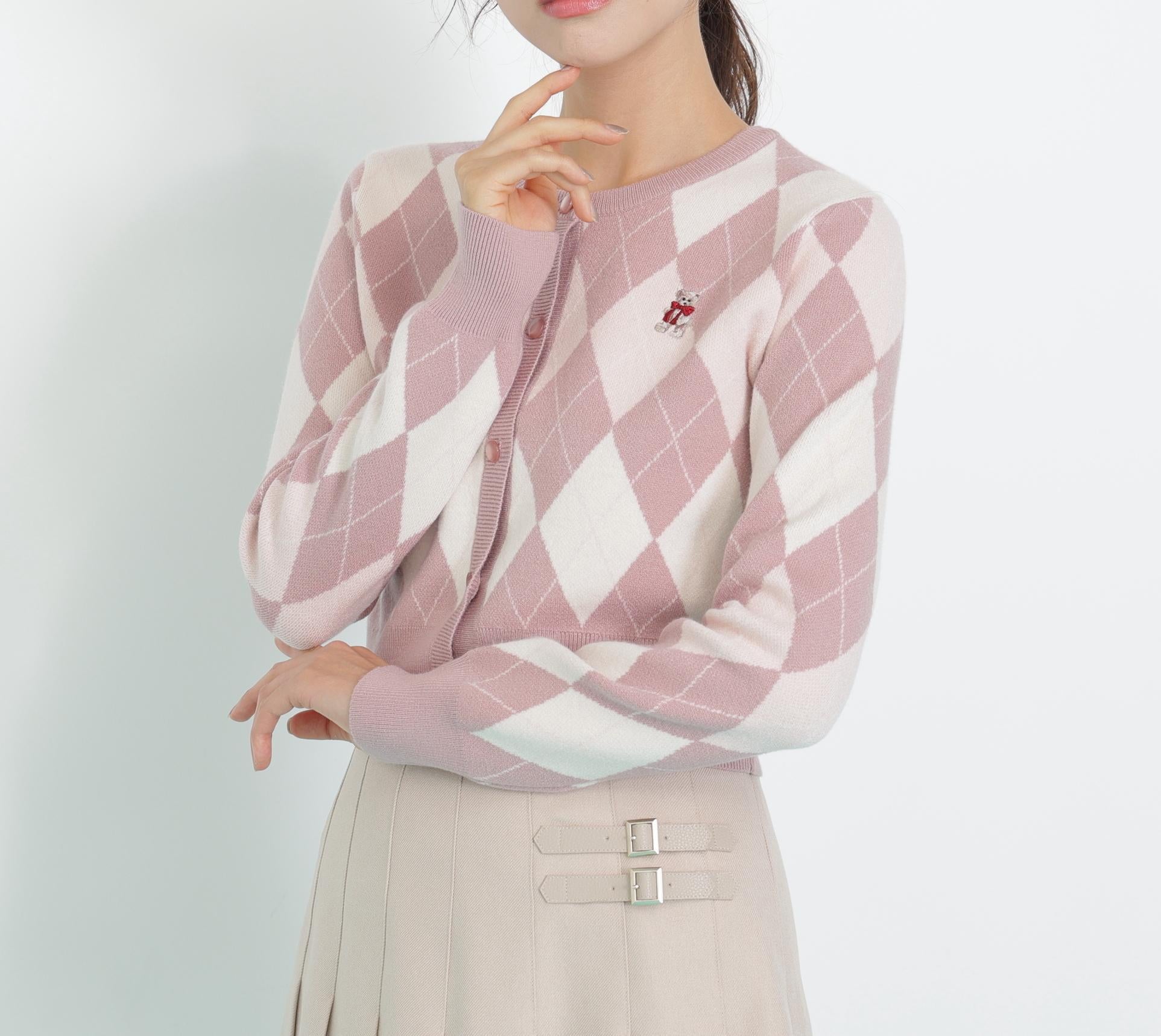 <BEARシリーズ>アーガイルカーディガン ピンク