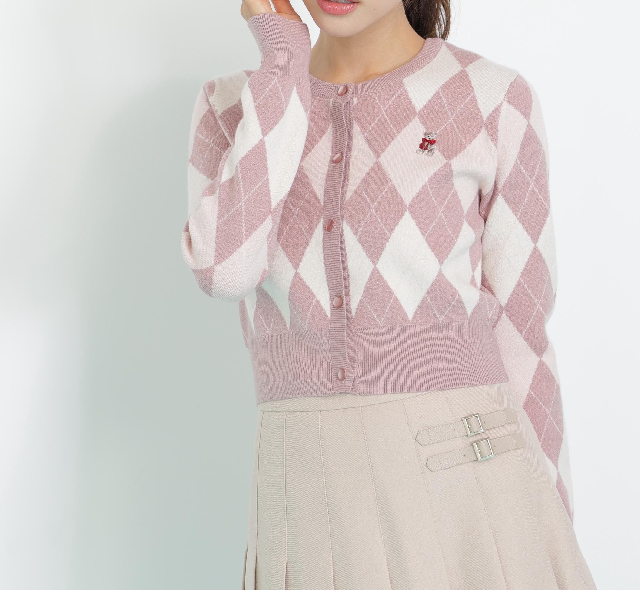 <BEARシリーズ>アーガイルカーディガン ピンク
