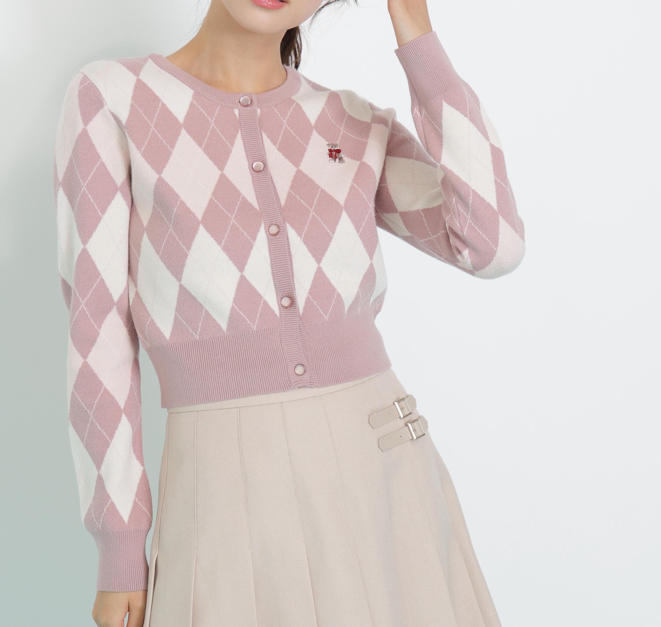 <BEARシリーズ>アーガイルカーディガン ピンク