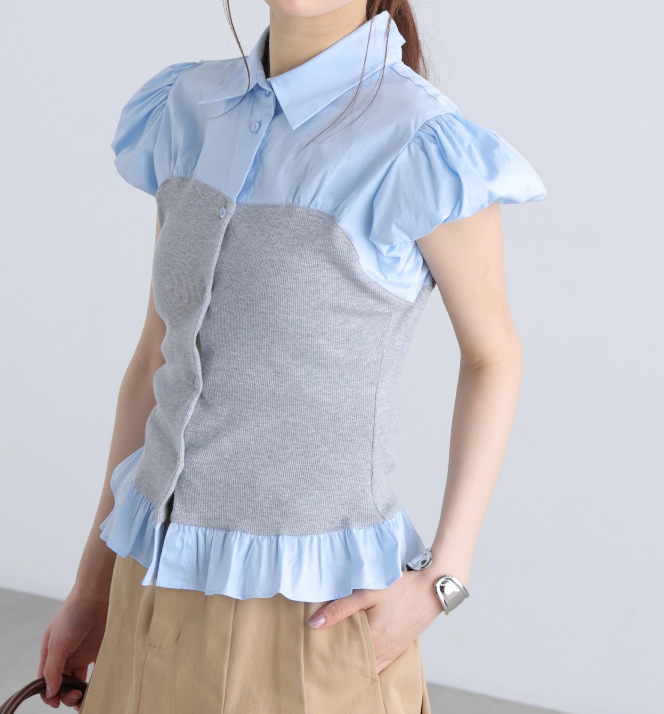 ビスチェドッキングパフスリーブ半袖ブラウス グレー