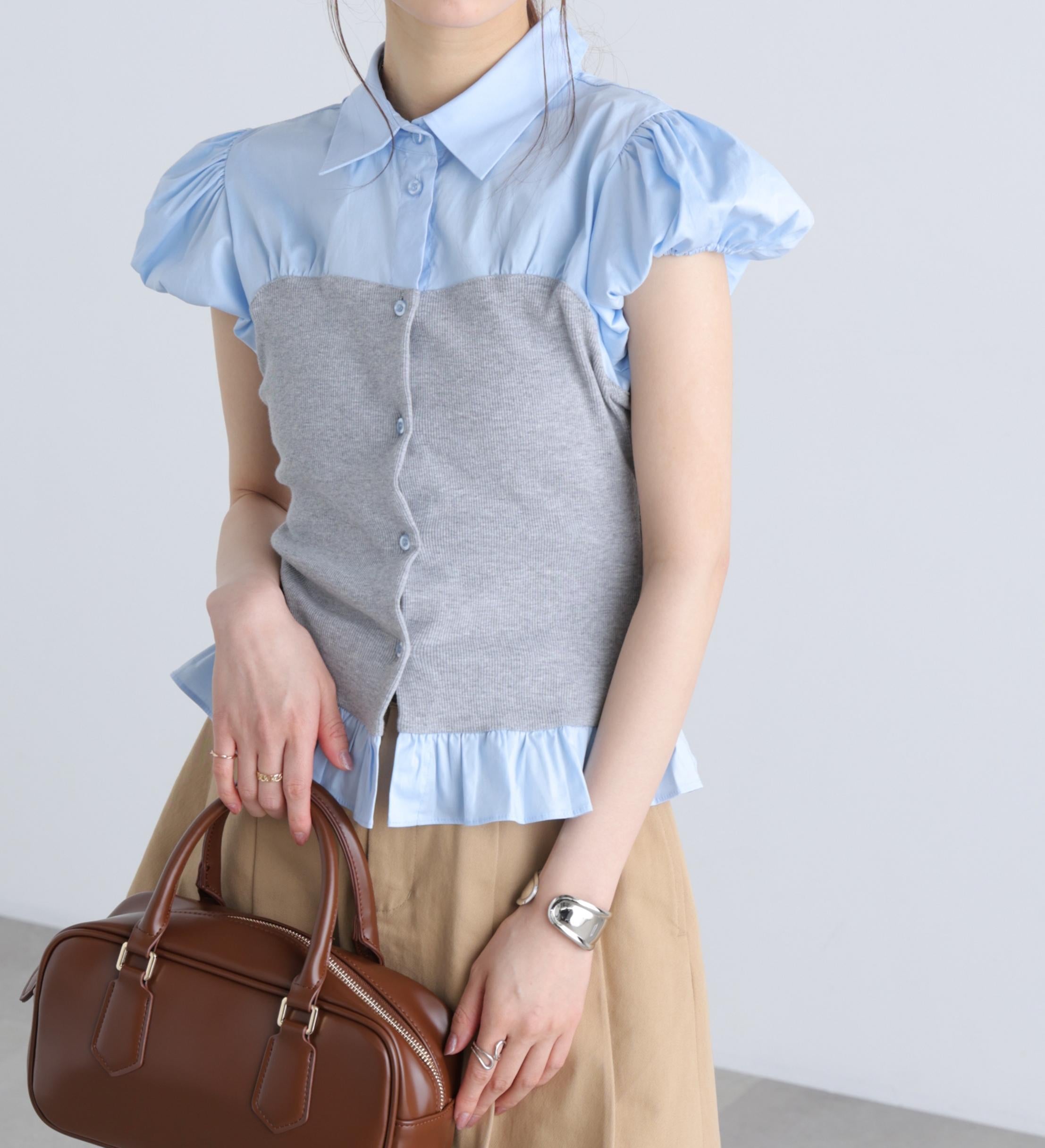 ビスチェドッキングパフスリーブ半袖ブラウス グレー