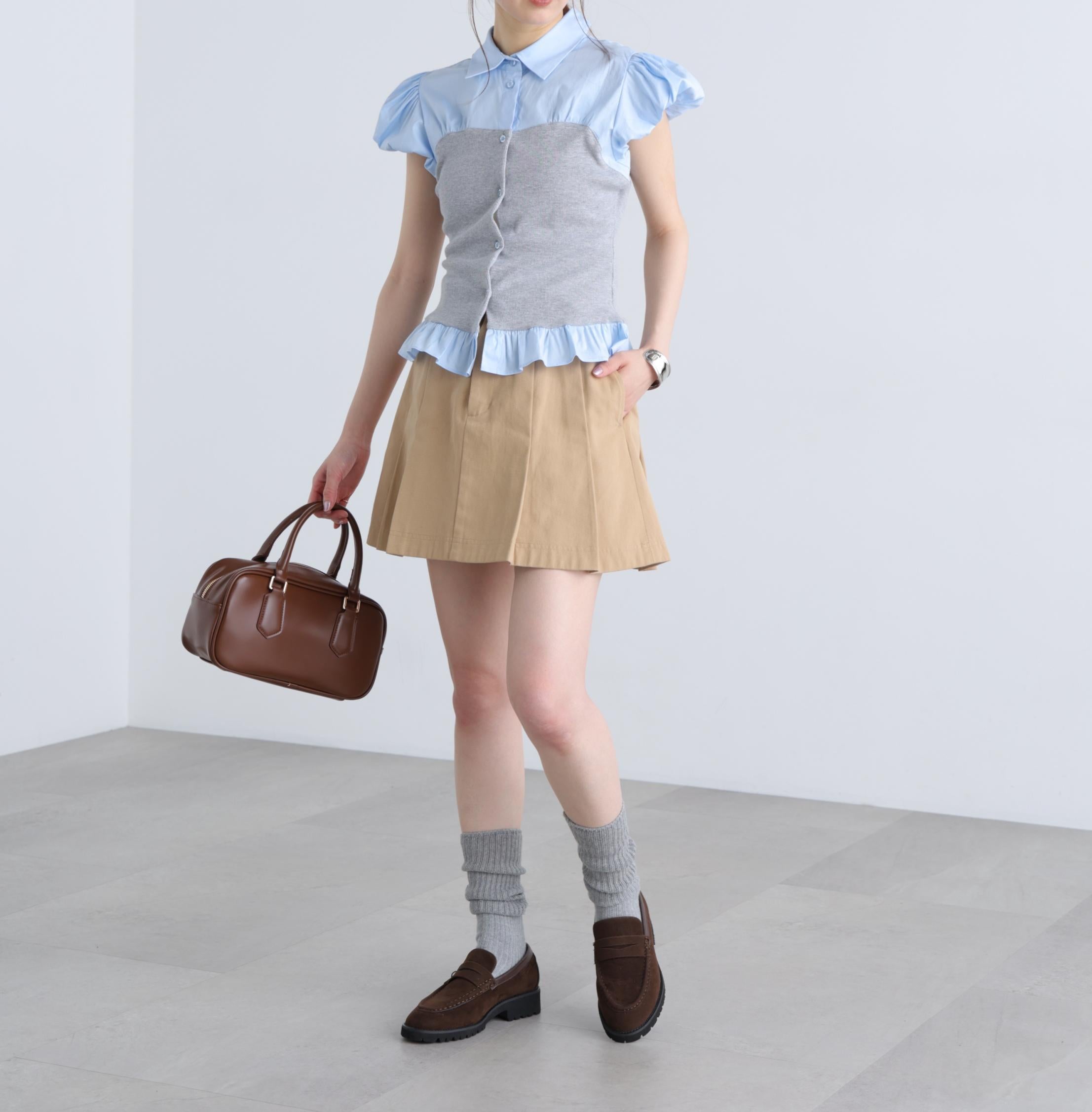 ビスチェドッキングパフスリーブ半袖ブラウス グレー