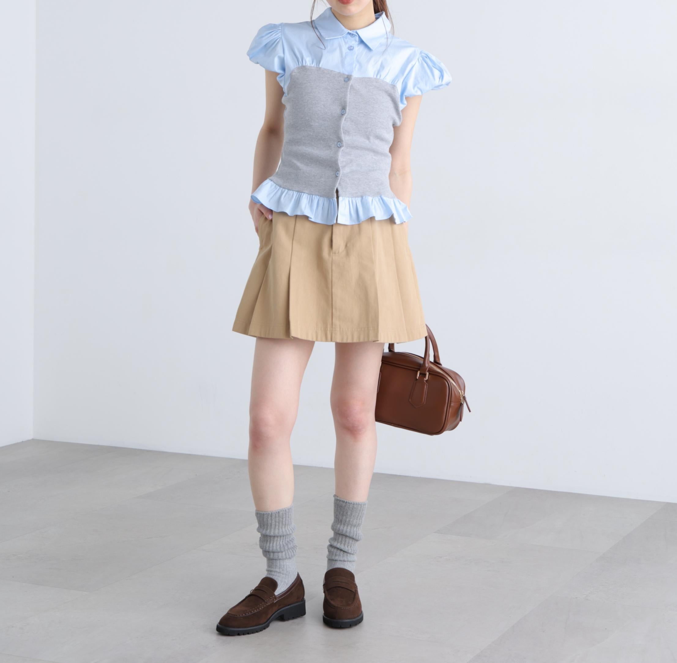 ビスチェドッキングパフスリーブ半袖ブラウス グレー