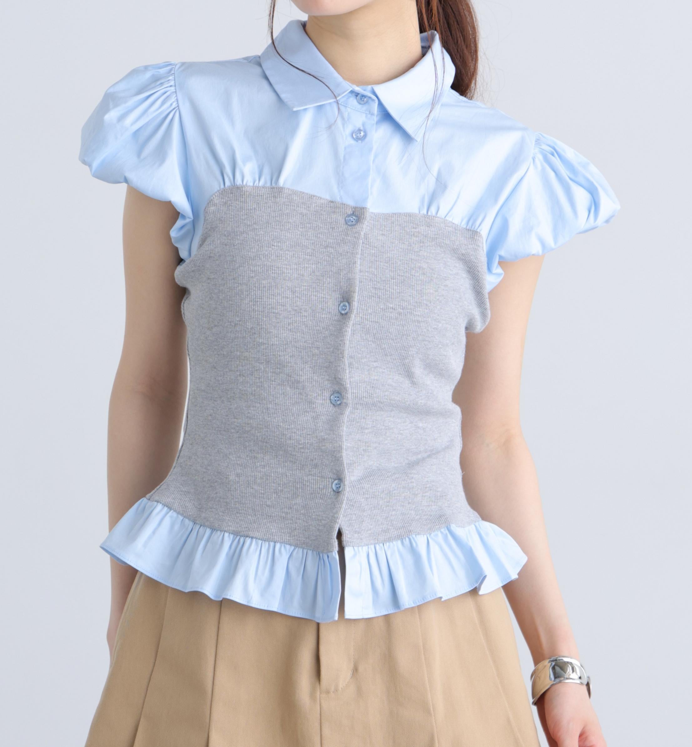 ビスチェドッキングパフスリーブ半袖ブラウス グレー