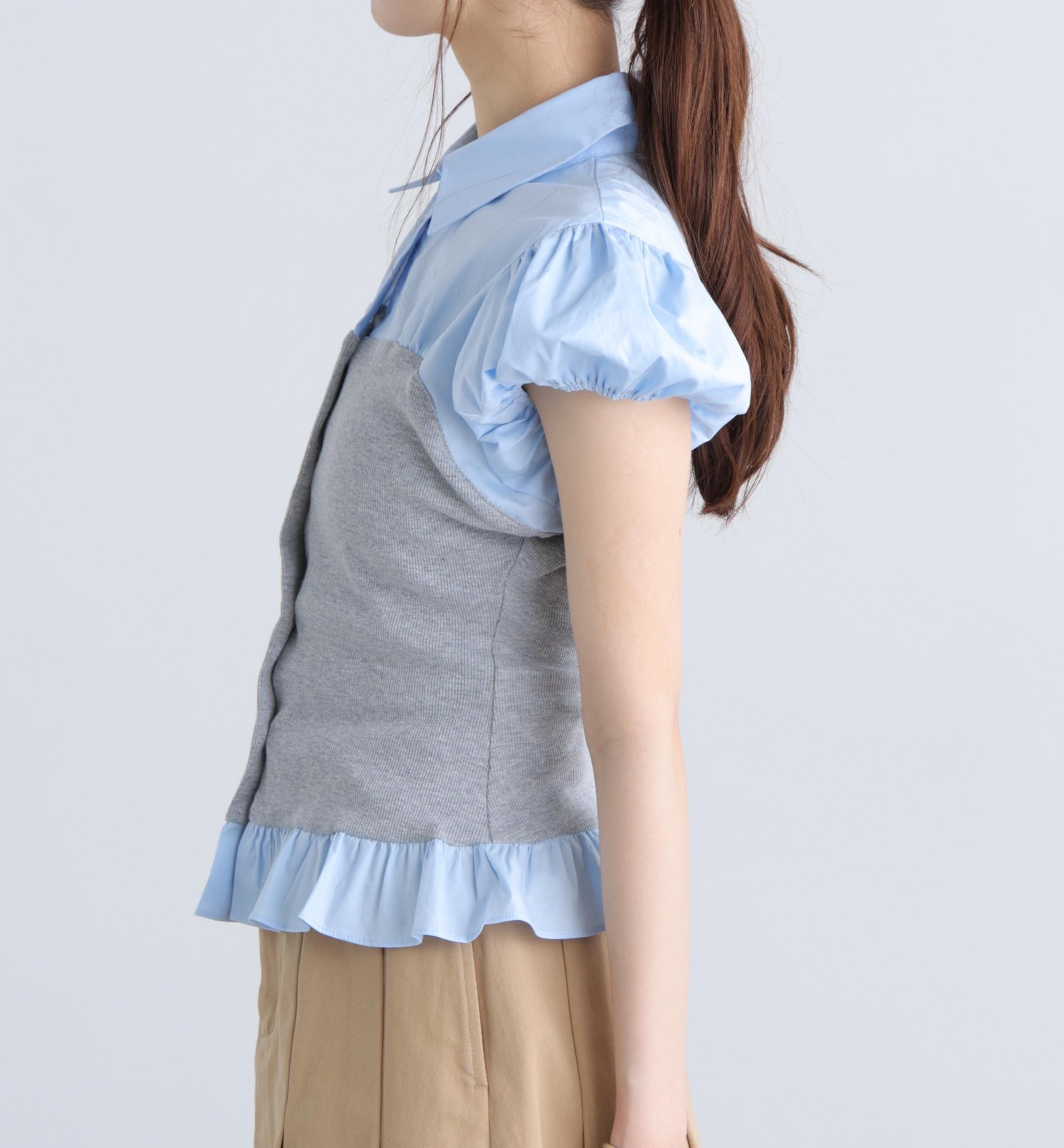 ビスチェドッキングパフスリーブ半袖ブラウス グレー