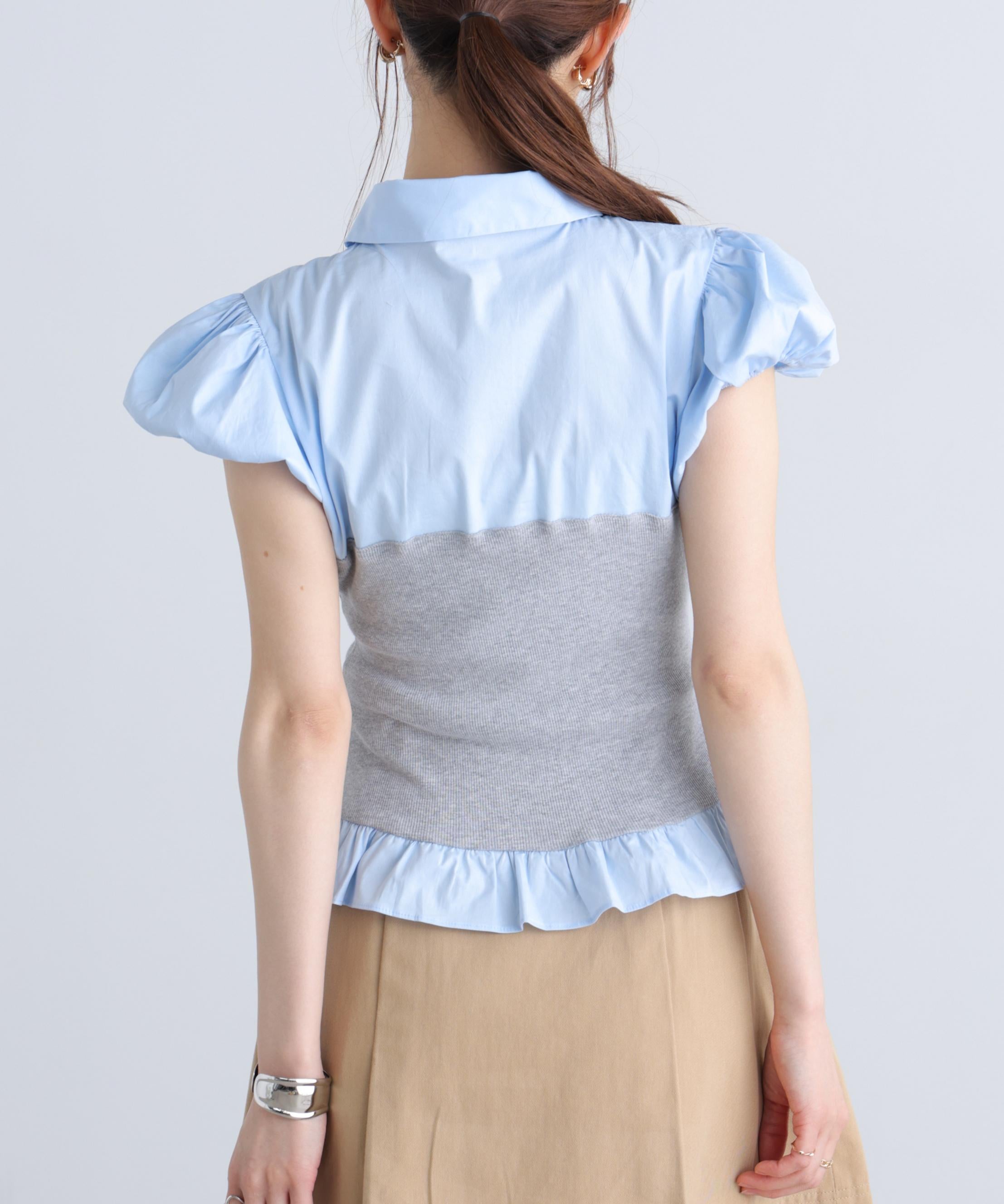 ビスチェドッキングパフスリーブ半袖ブラウス グレー