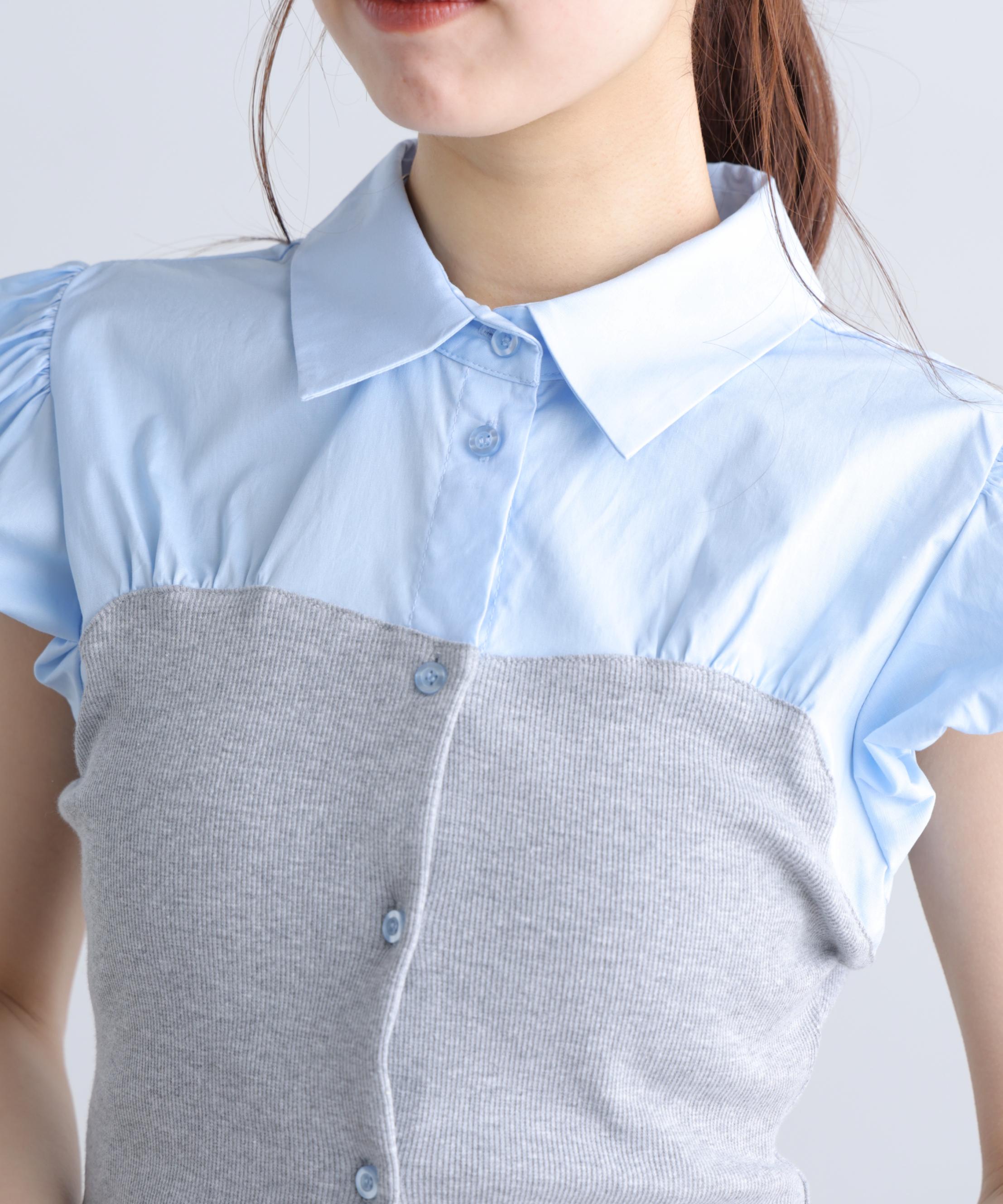 ビスチェドッキングパフスリーブ半袖ブラウス グレー