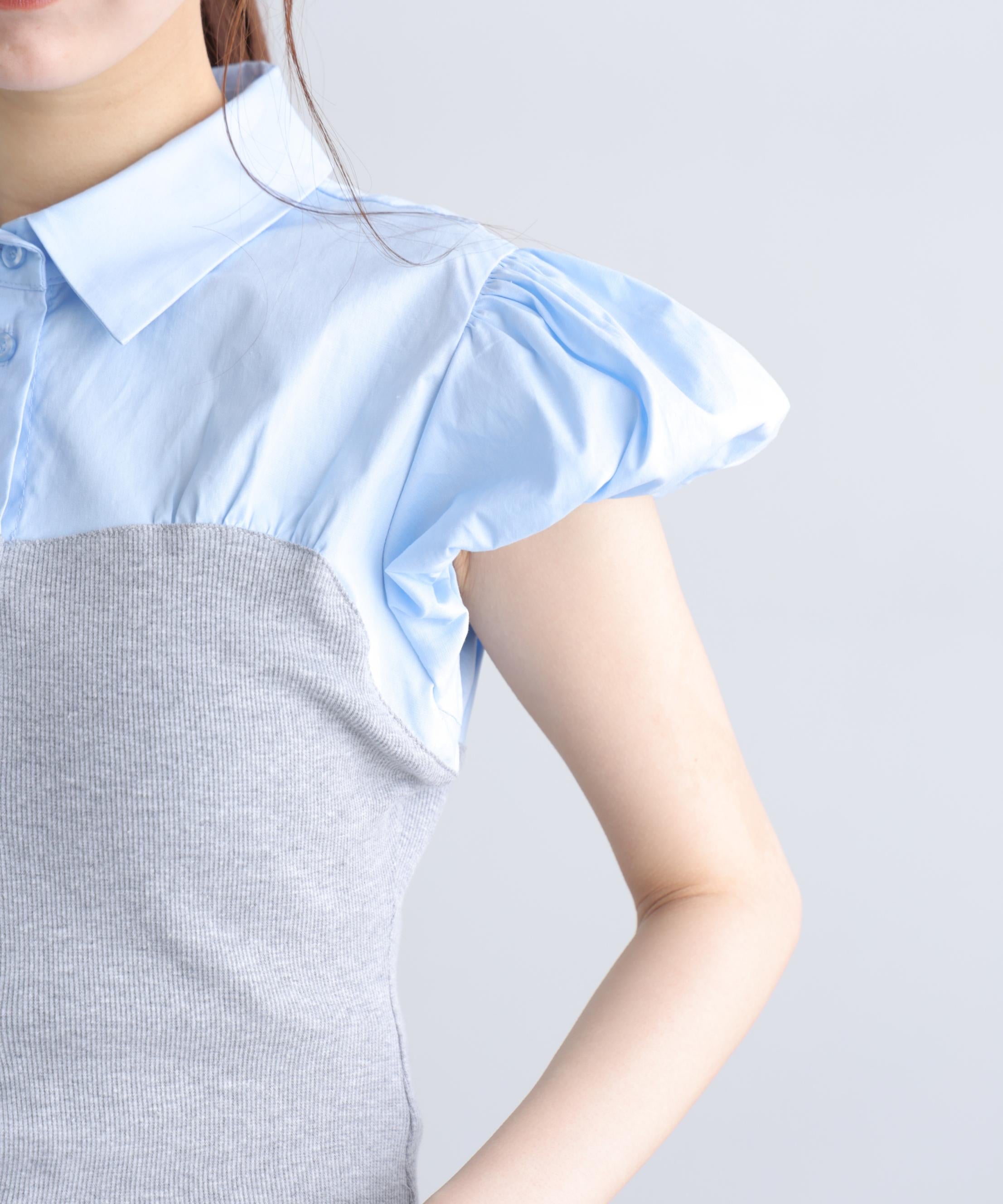 ビスチェドッキングパフスリーブ半袖ブラウス グレー