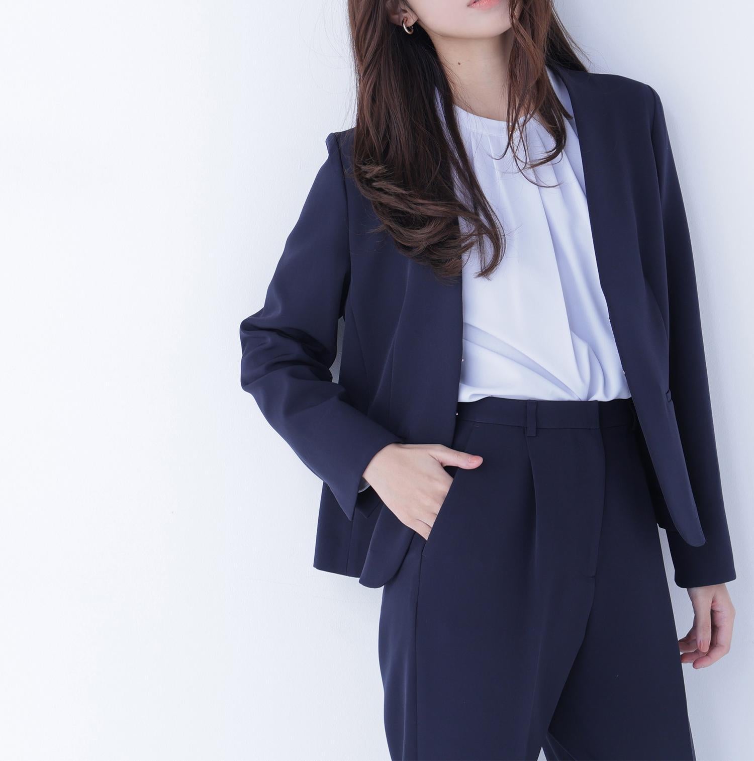 ダブルクロスストレッチ SETUP ノーカラージャケット ネイビー