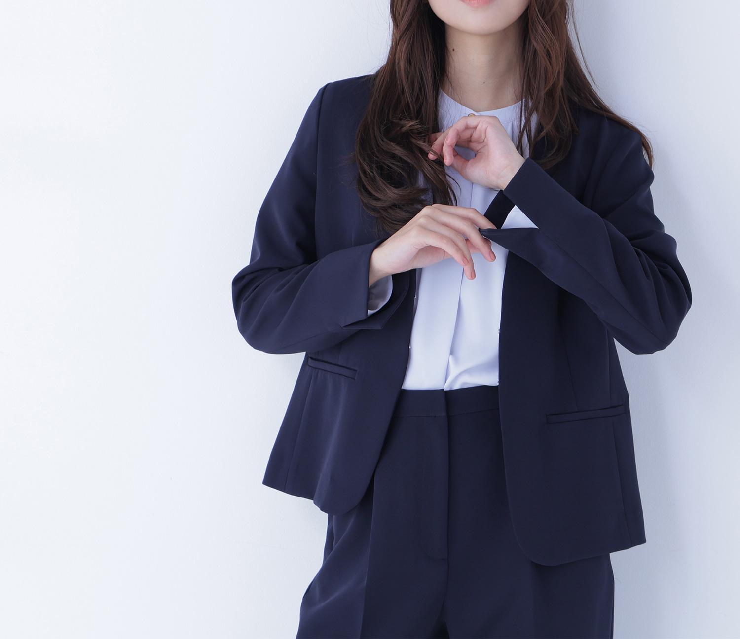 ダブルクロスストレッチ SETUP ノーカラージャケット ネイビー