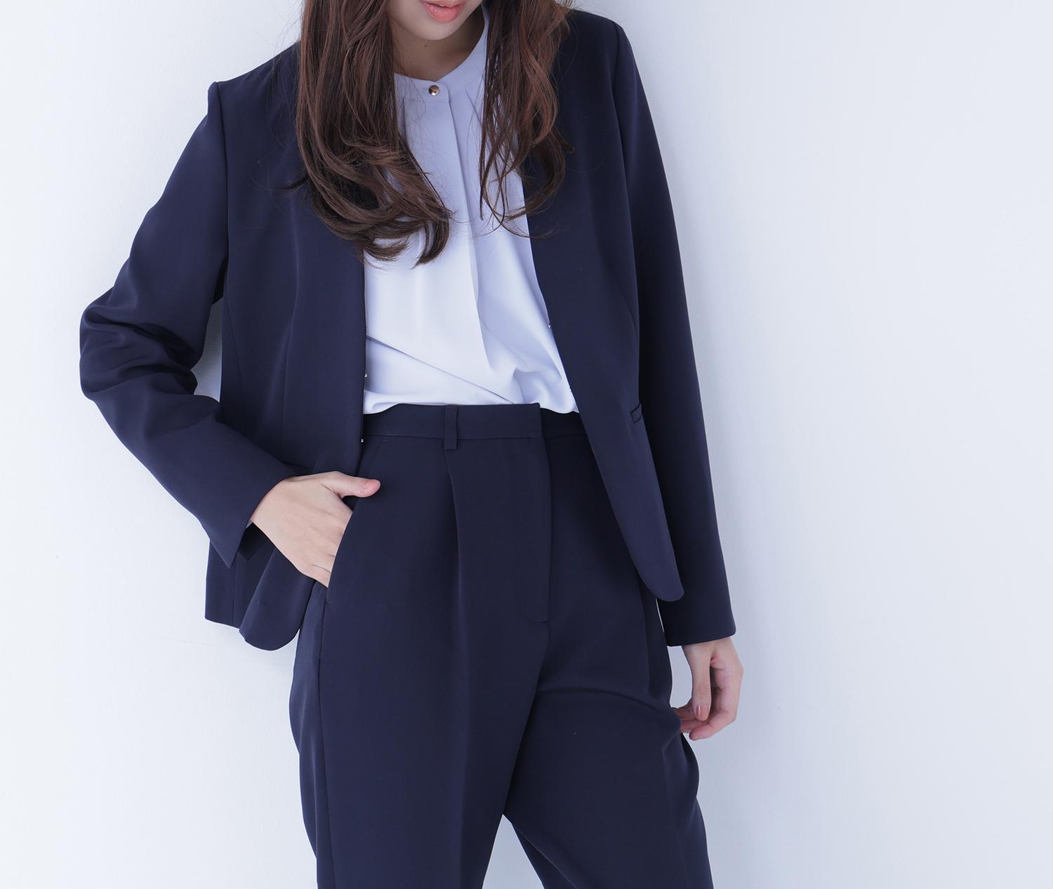 ダブルクロスストレッチ SETUP ノーカラージャケット ネイビー