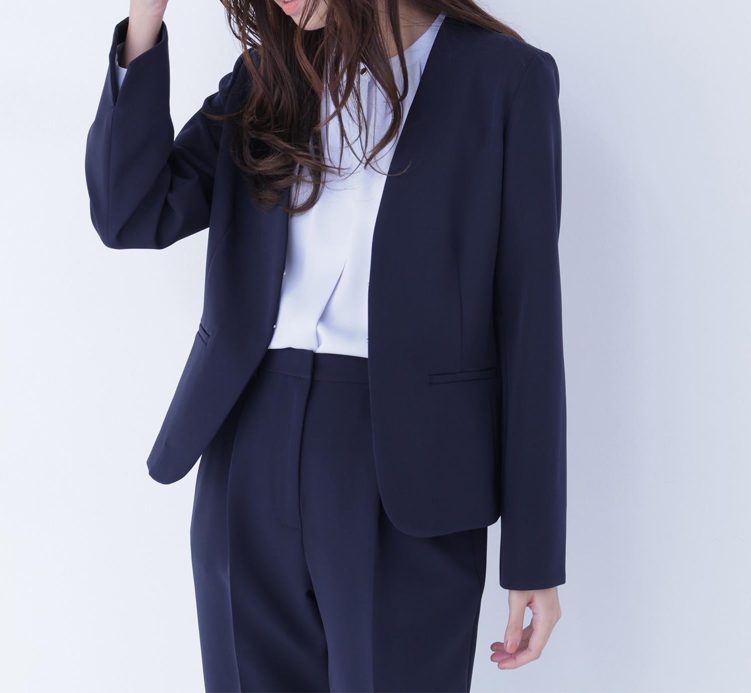 ダブルクロスストレッチ SETUP ノーカラージャケット ネイビー