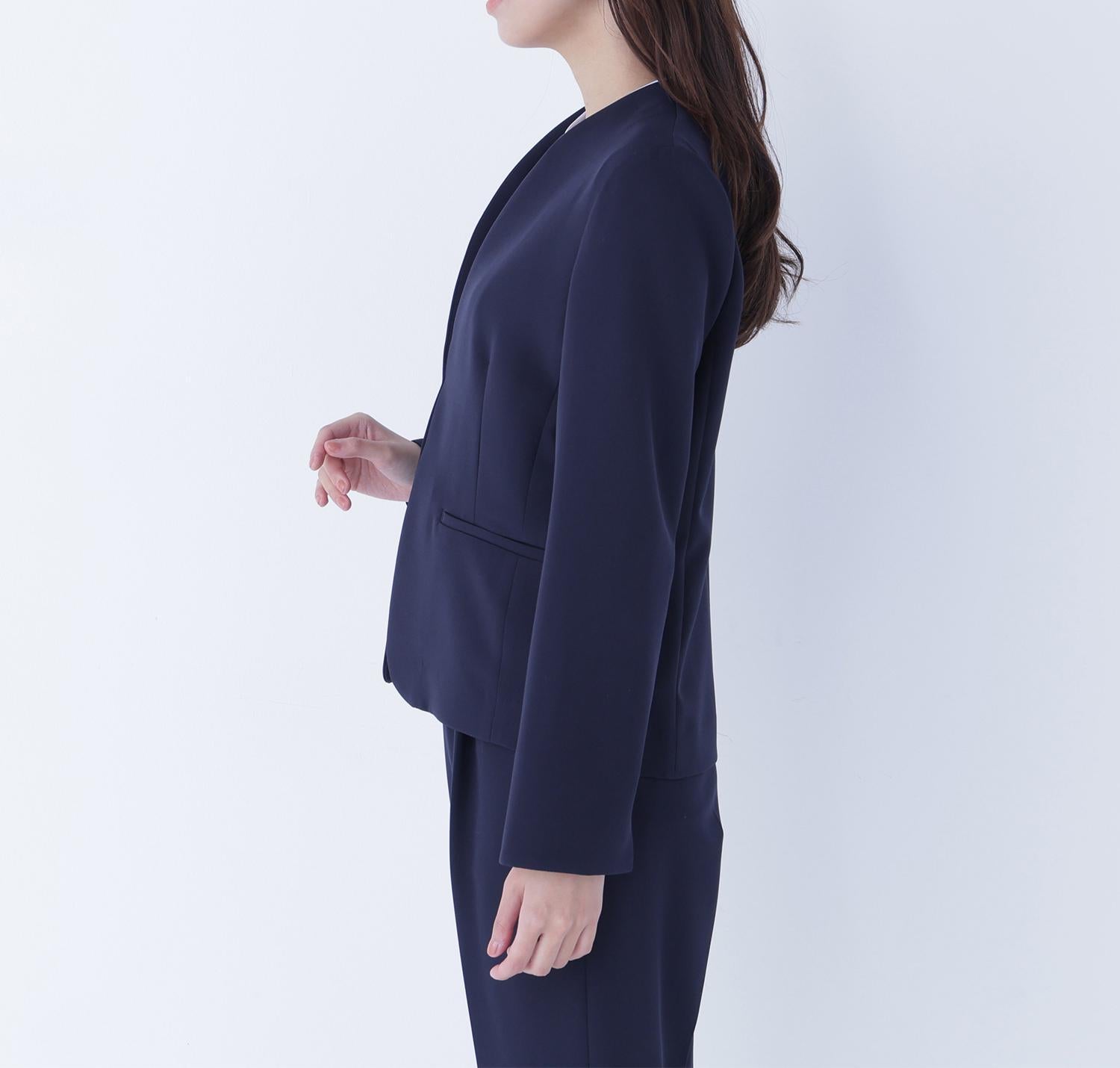 ダブルクロスストレッチ SETUP ノーカラージャケット ネイビー