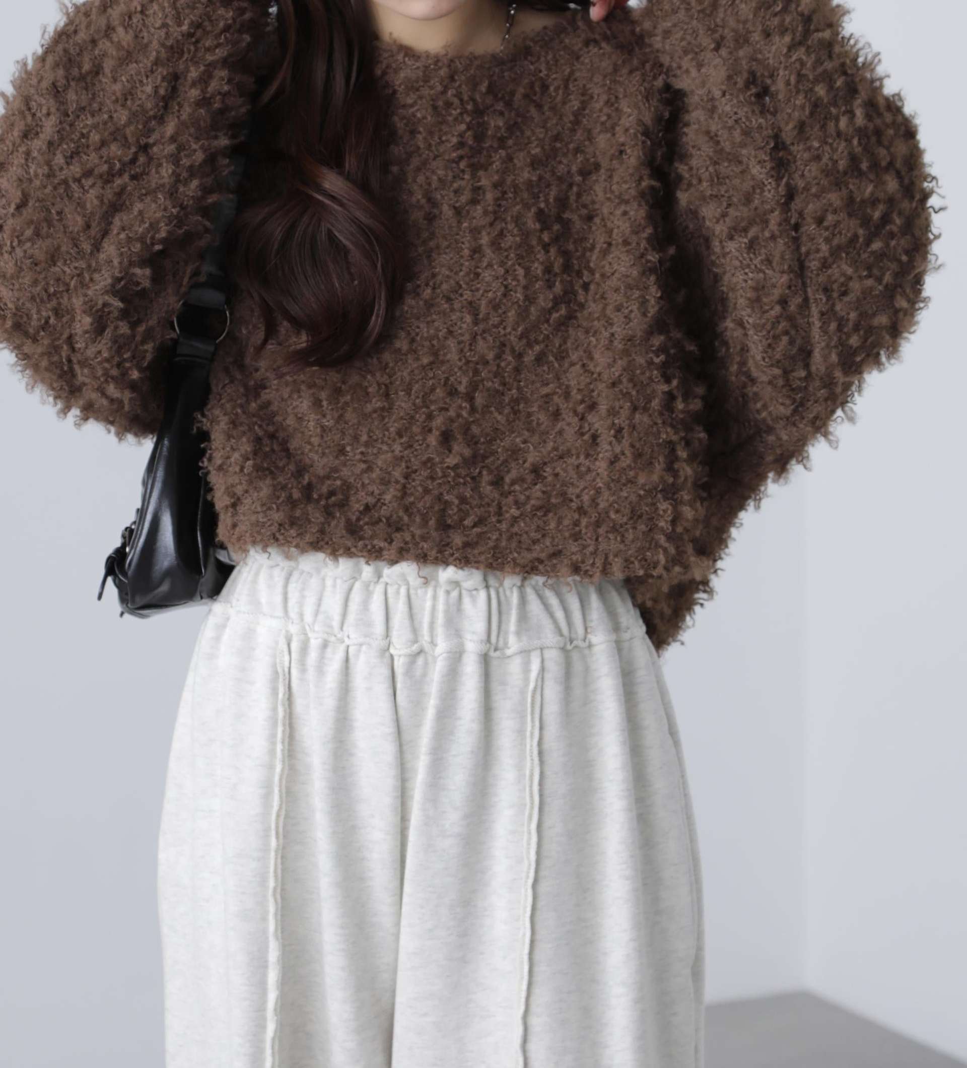 プードルボアショート丈ニットソー ブラウン