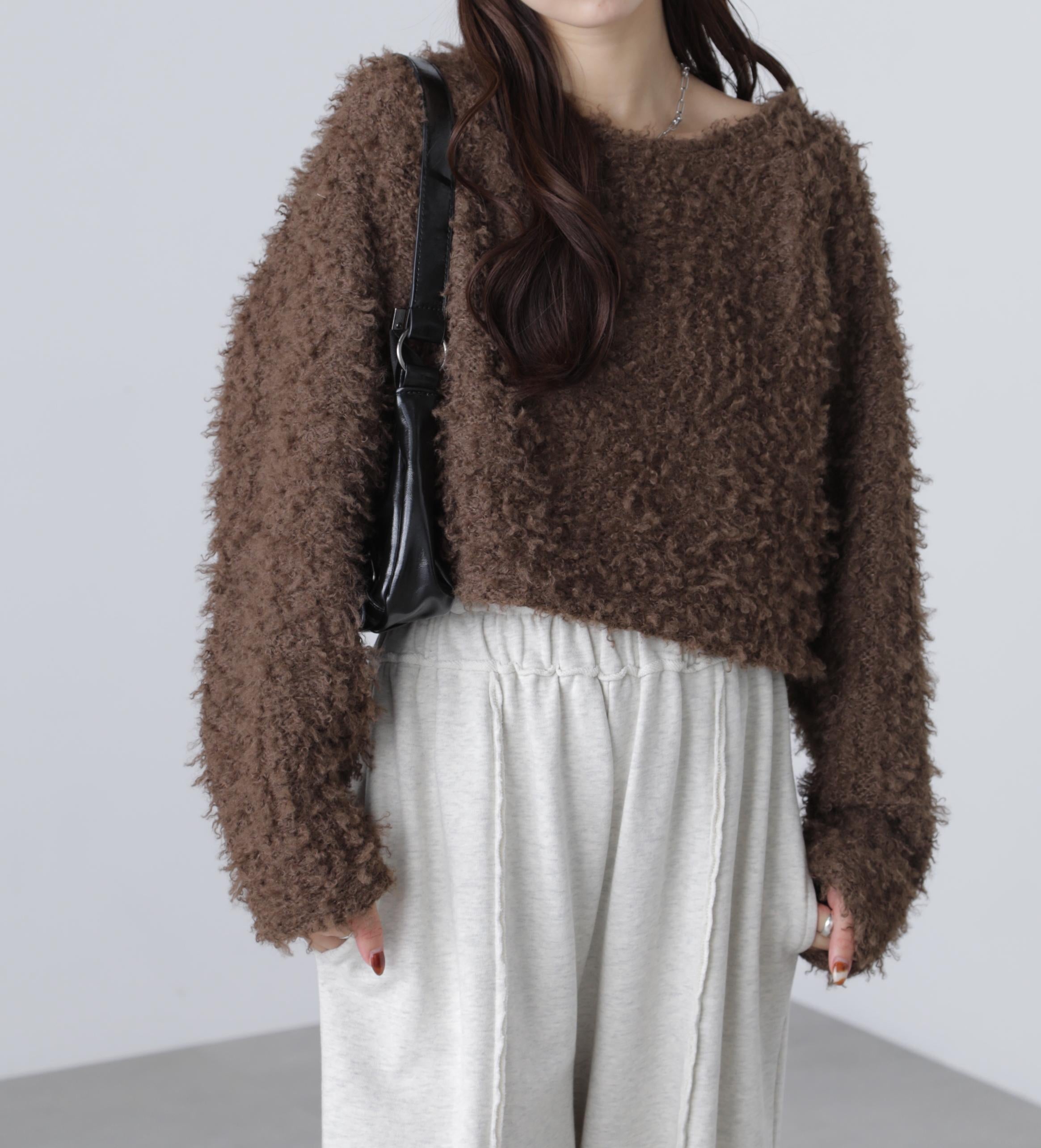 プードルボアショート丈ニットソー ブラウン