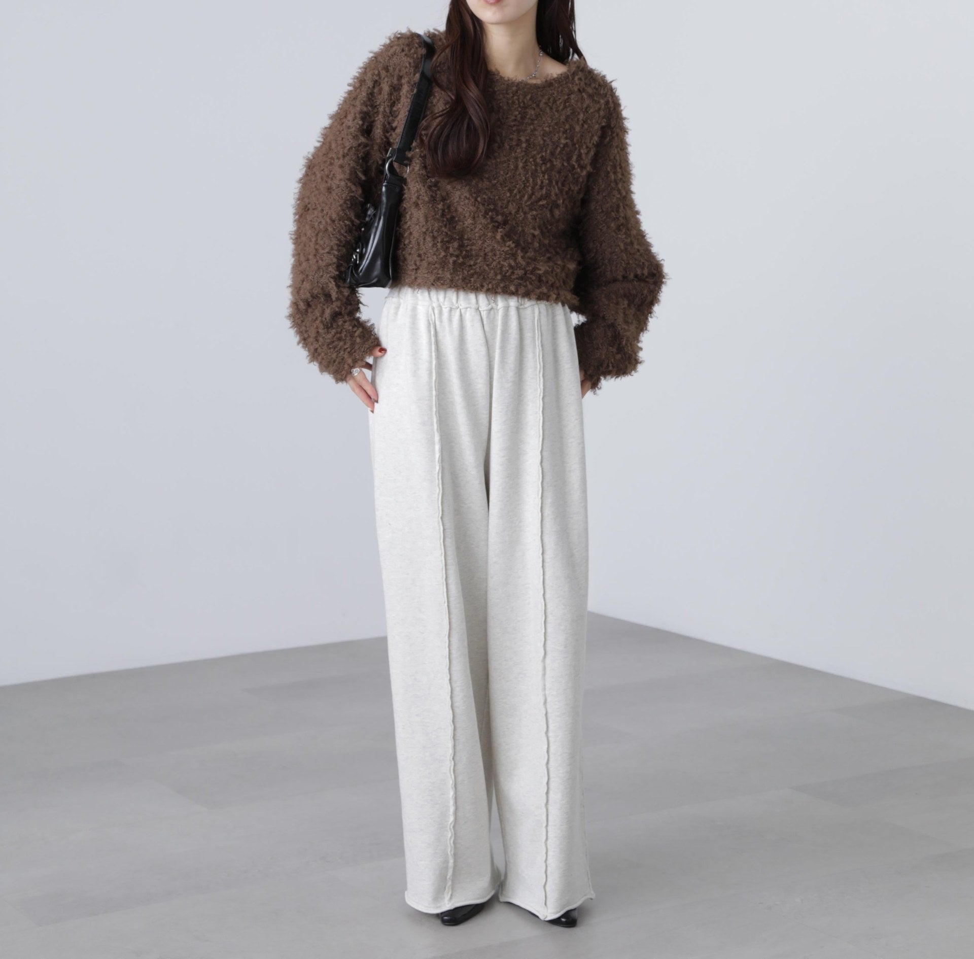 プードルボアショート丈ニットソー ブラウン