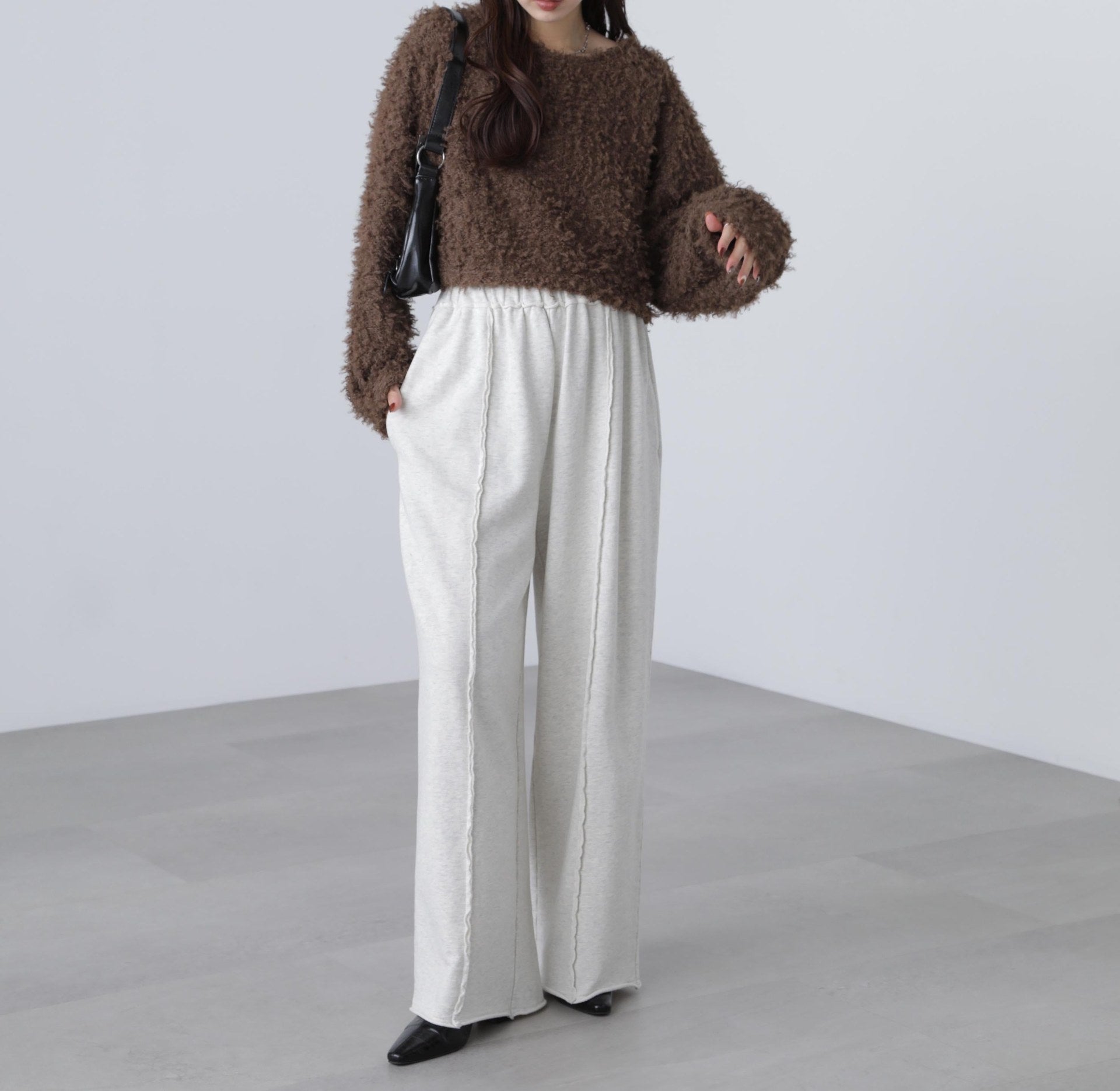 プードルボアショート丈ニットソー ブラウン