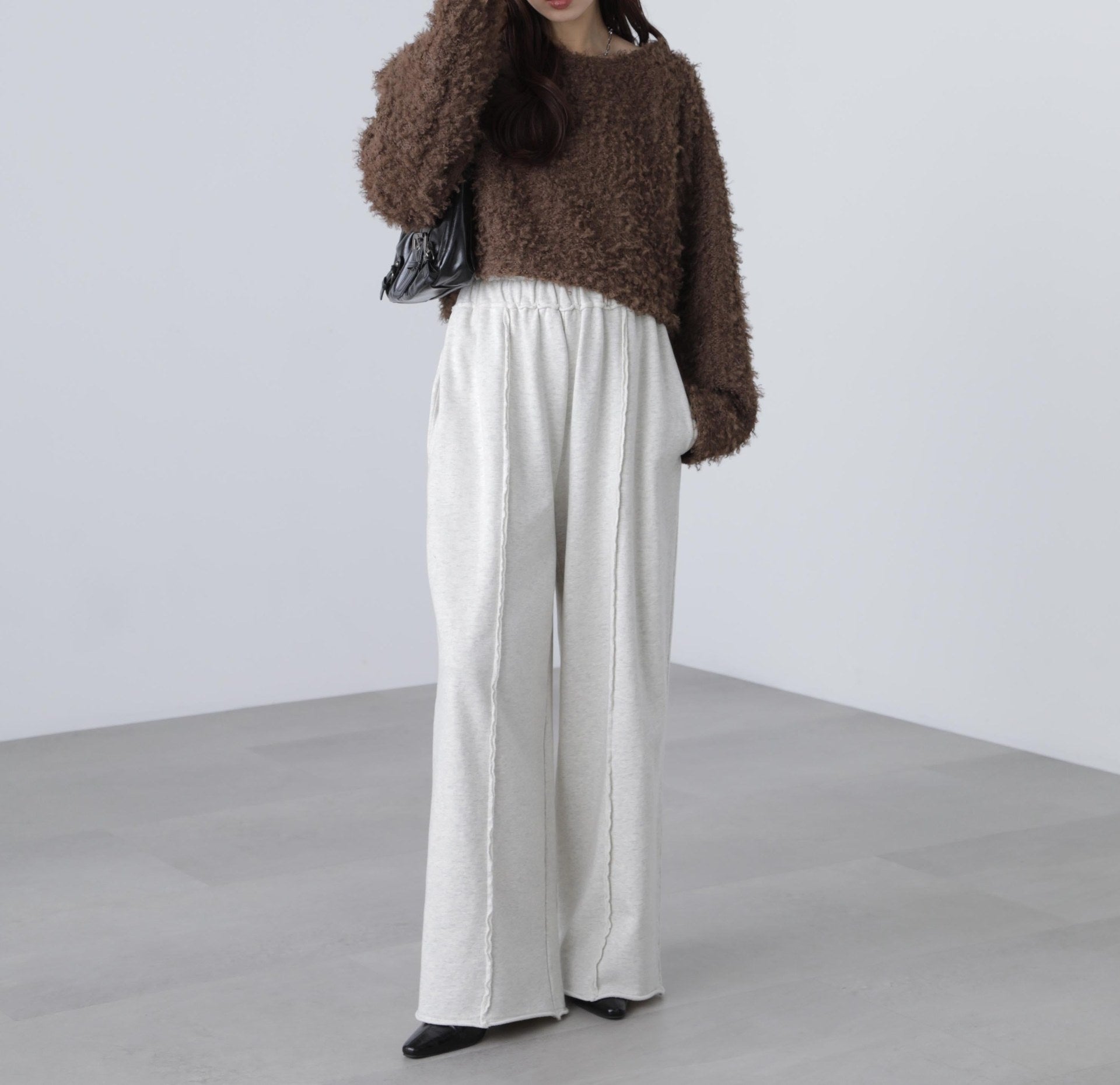 プードルボアショート丈ニットソー ブラウン