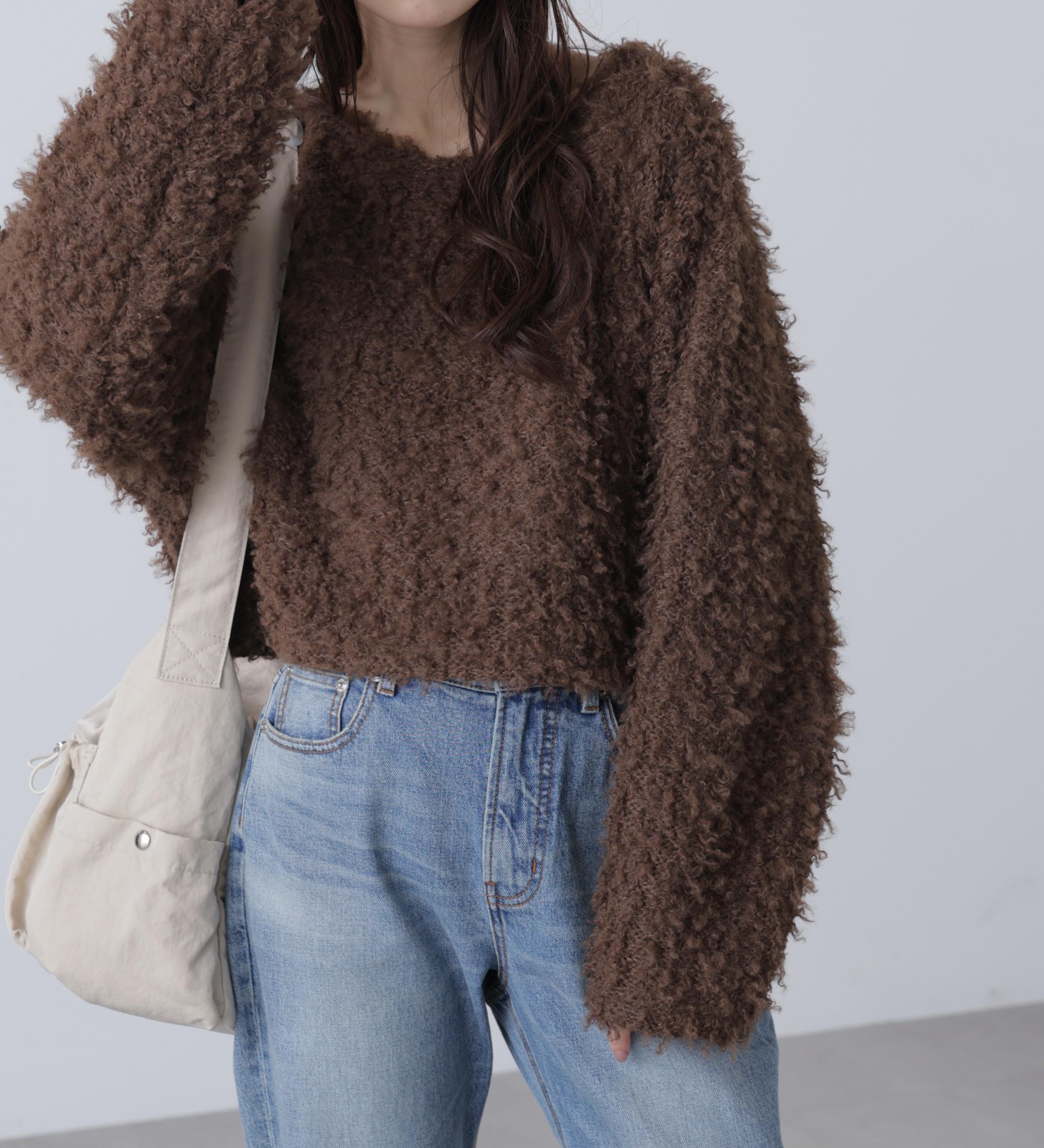 プードルボアショート丈ニットソー ブラウン