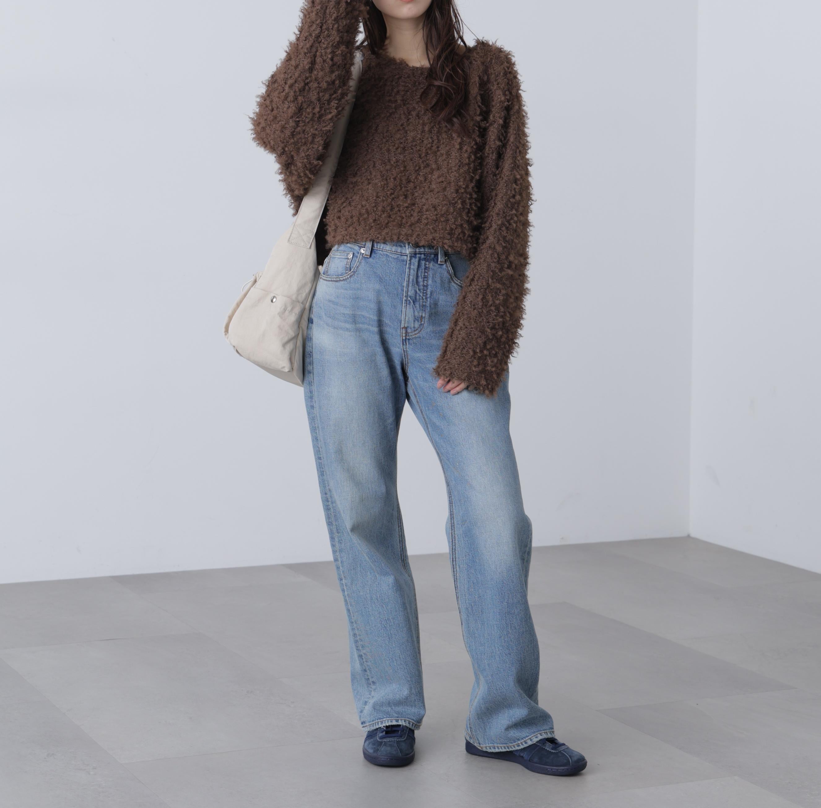 プードルボアショート丈ニットソー ブラウン