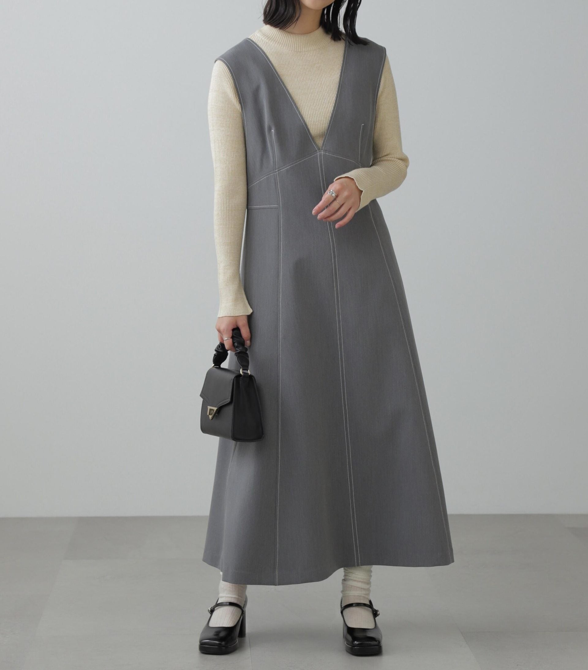 配色ステッチジャンスカ グレー